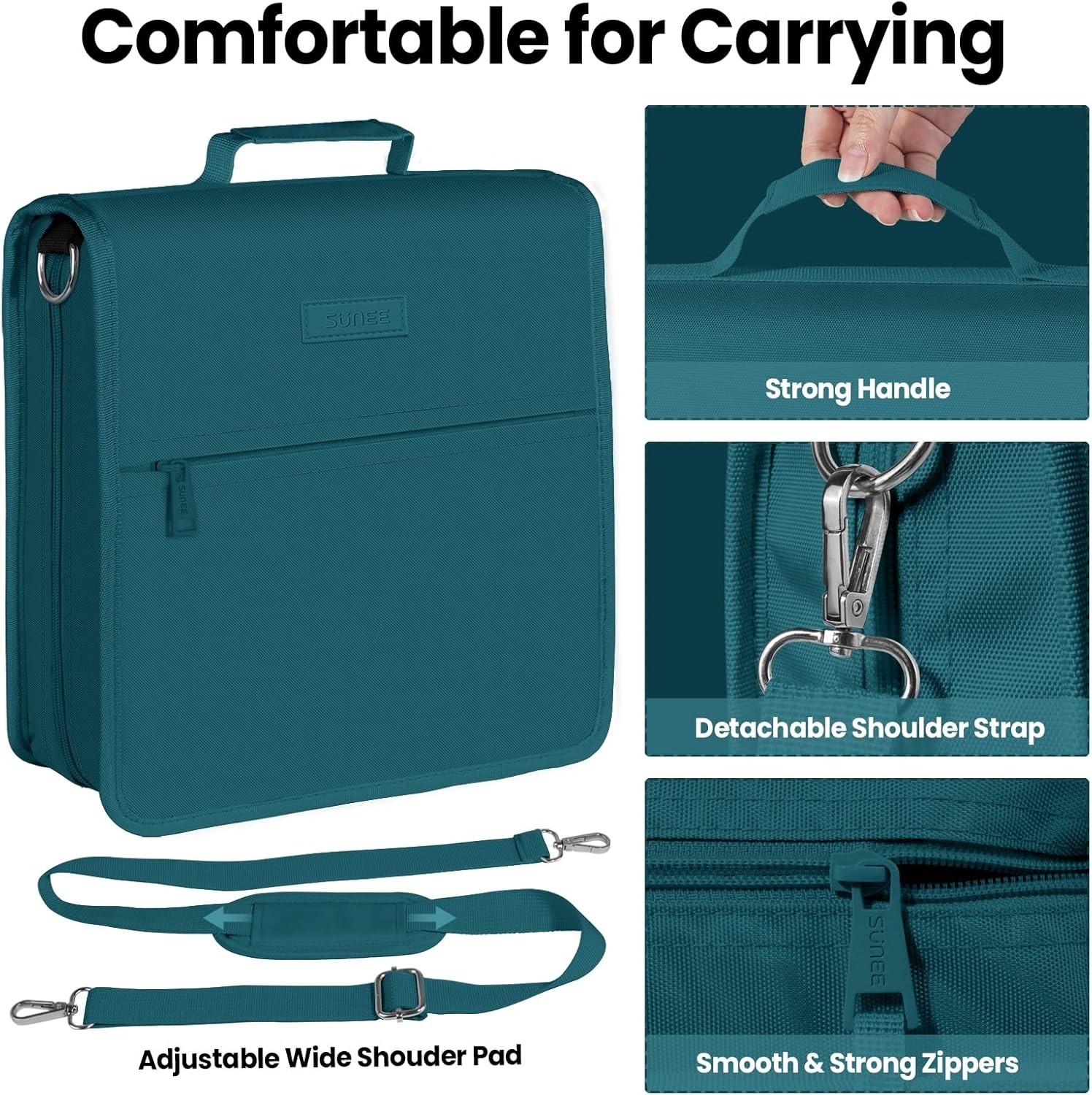 image:imageSUNEE Zipper Binder 3 Ring 3 Inch ORing with Handle and Shoulder Strap 600Sheet Capacity 5Tab Expanding File Folder MultiPockets for Middle School Organizer Binder with Zipper Deep TealGreen