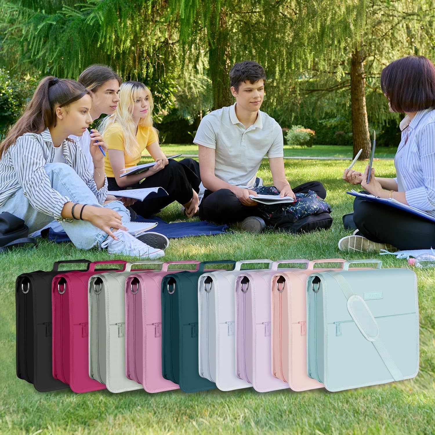image:imageSUNEE Zipper Binder 3 Ring 3 Inch ORing with Handle and Shoulder Strap 600Sheet Capacity 5Tab Expanding File Folder MultiPockets for Middle School Organizer Binder with Zipper Sage Green