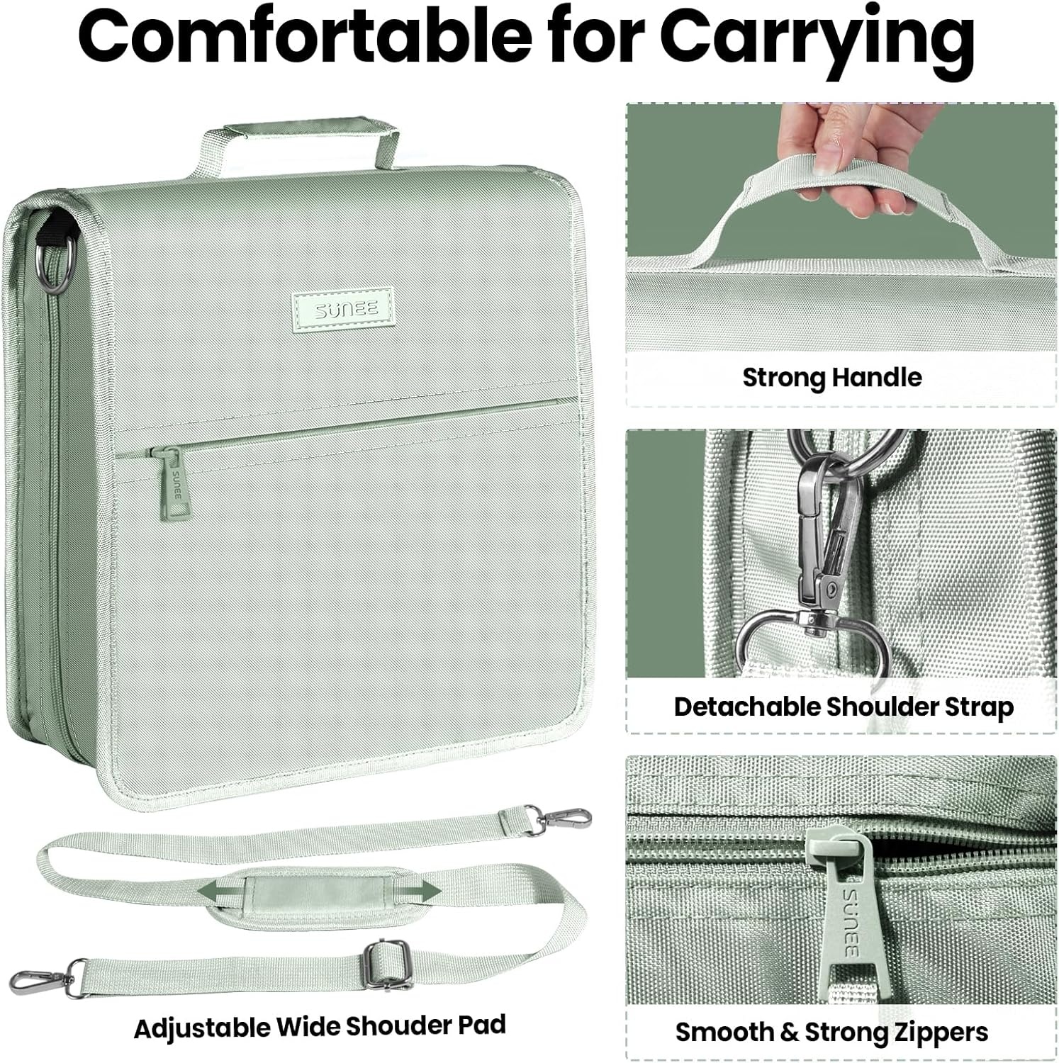 image:imageSUNEE Zipper Binder 3 Ring 3 Inch ORing with Handle and Shoulder Strap 600Sheet Capacity 5Tab Expanding File Folder MultiPockets for Middle School Organizer Binder with Zipper Sage Green