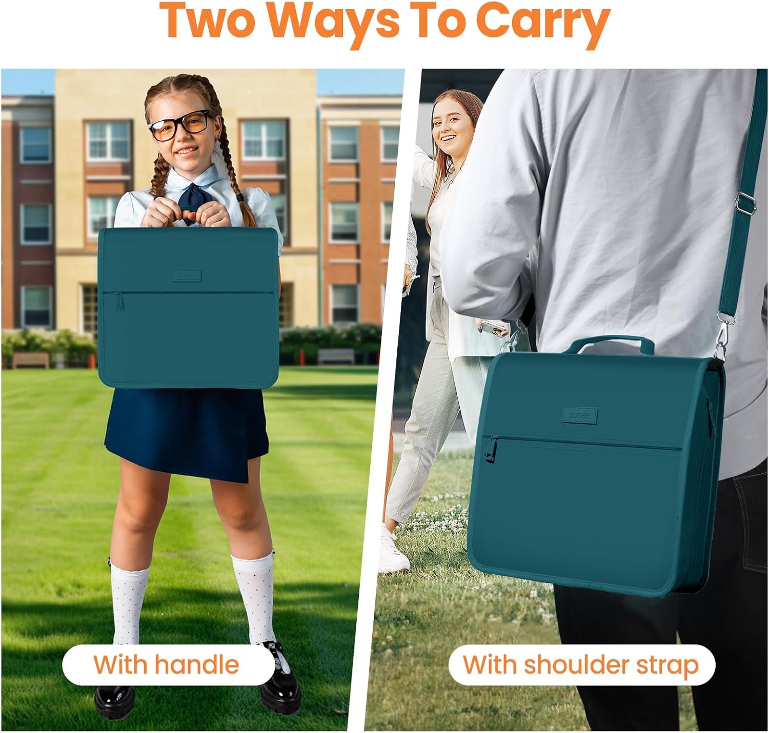 image:imageSUNEE Zipper Binder 3 Ring 3 Inch ORing with Handle and Shoulder Strap 600Sheet Capacity 5Tab Expanding File Folder MultiPockets for Middle School Organizer Binder with Zipper Deep TealGreen