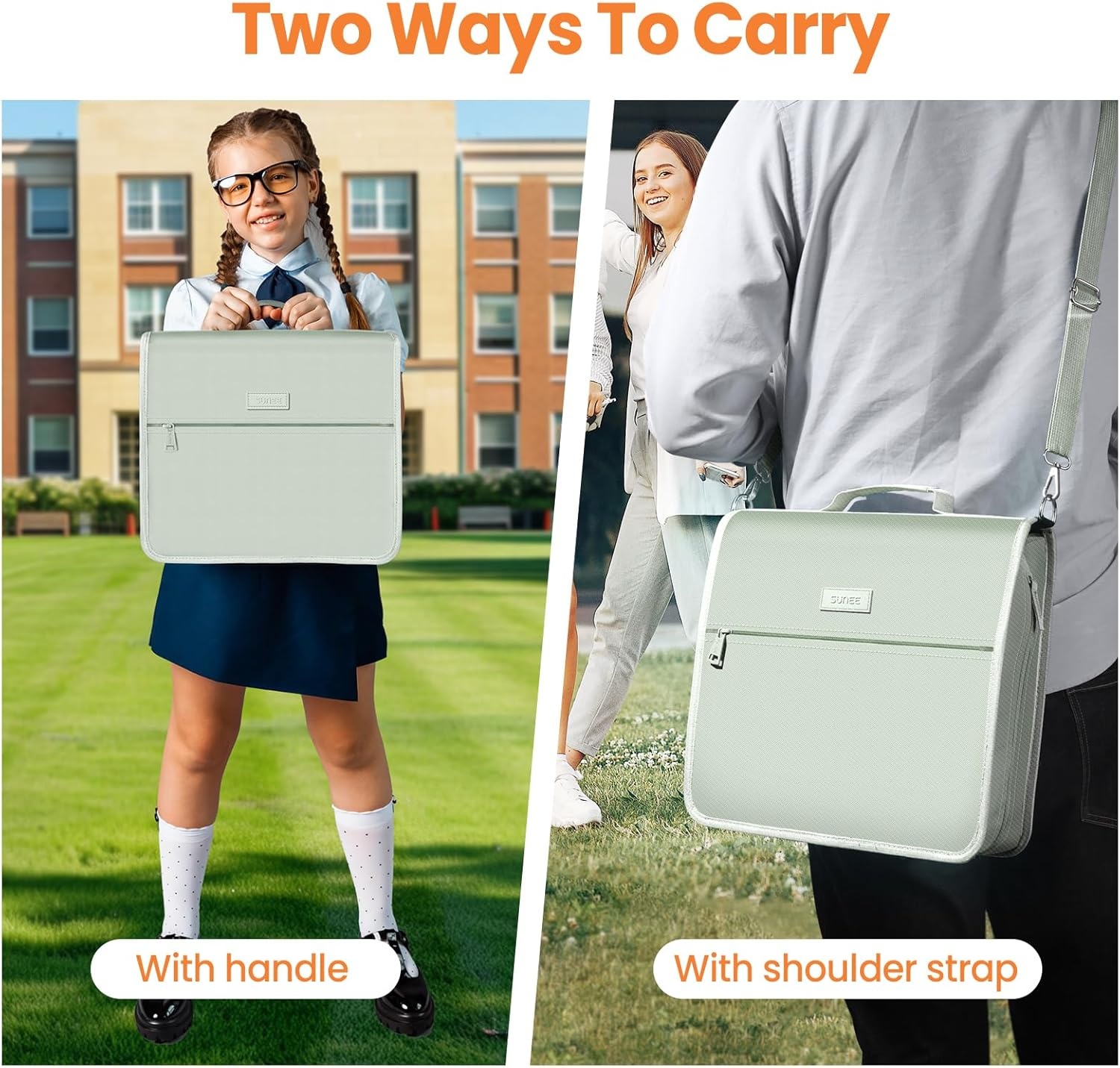 image:imageSUNEE Zipper Binder 3 Ring 3 Inch ORing with Handle and Shoulder Strap 600Sheet Capacity 5Tab Expanding File Folder MultiPockets for Middle School Organizer Binder with Zipper Sage Green