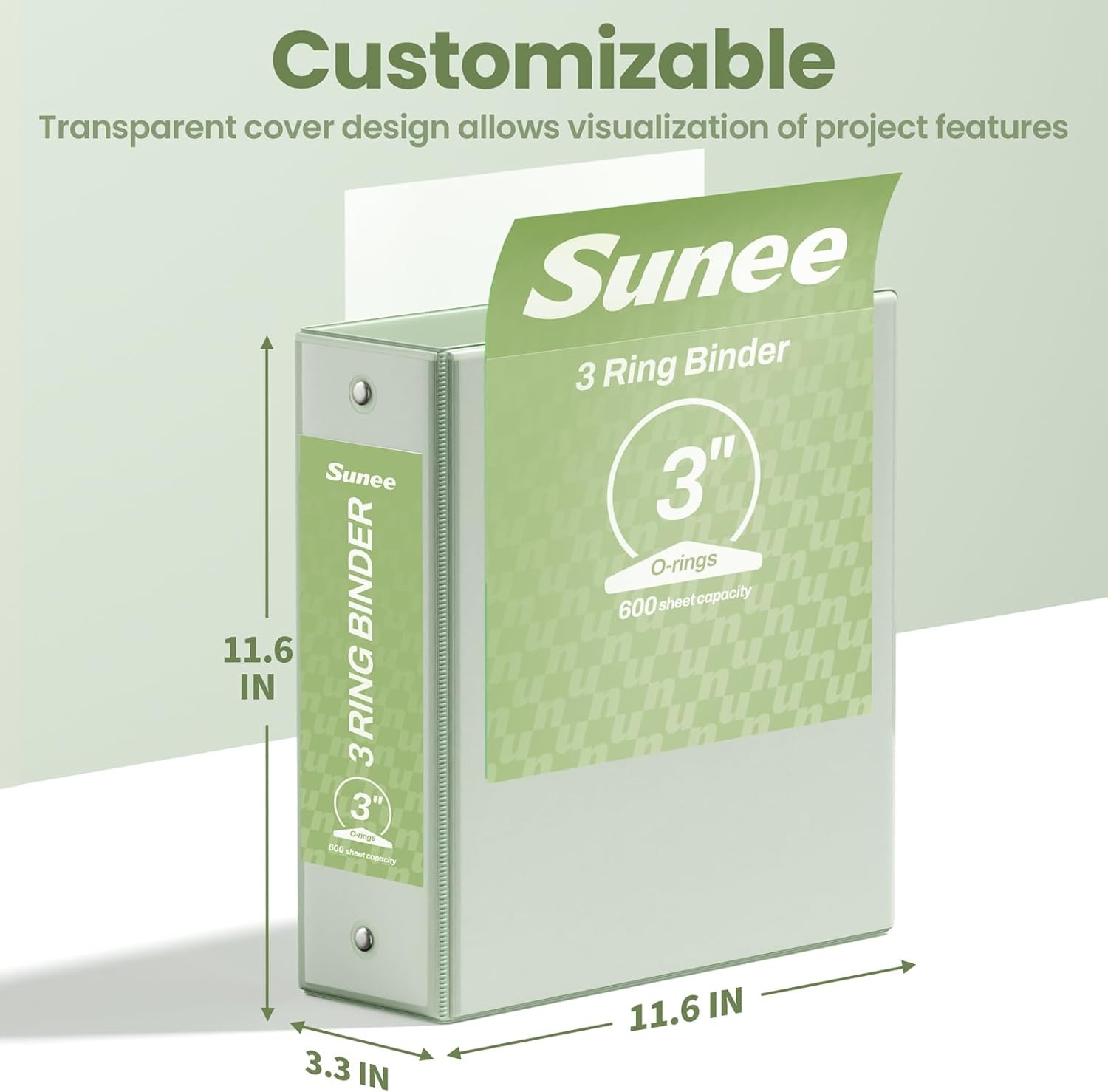 image:imageSUNEE 3 Ring Binder 15 Inch 2 Pack Clear View Binder Three Ring PVCFree Fit 85x11 Inches for School or Office Supplies YellowSage Green