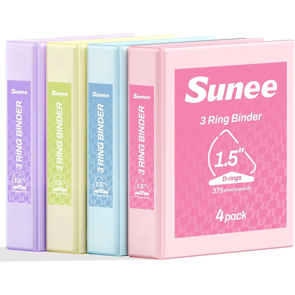 image:imageSUNEE 3 Ring Binder 3 Inch D Ring Clear View Binder Three Ring PVCFree Fit 85x11 Inches for School or Office Supplies Assorted Pastel 4 Pack15 Inch