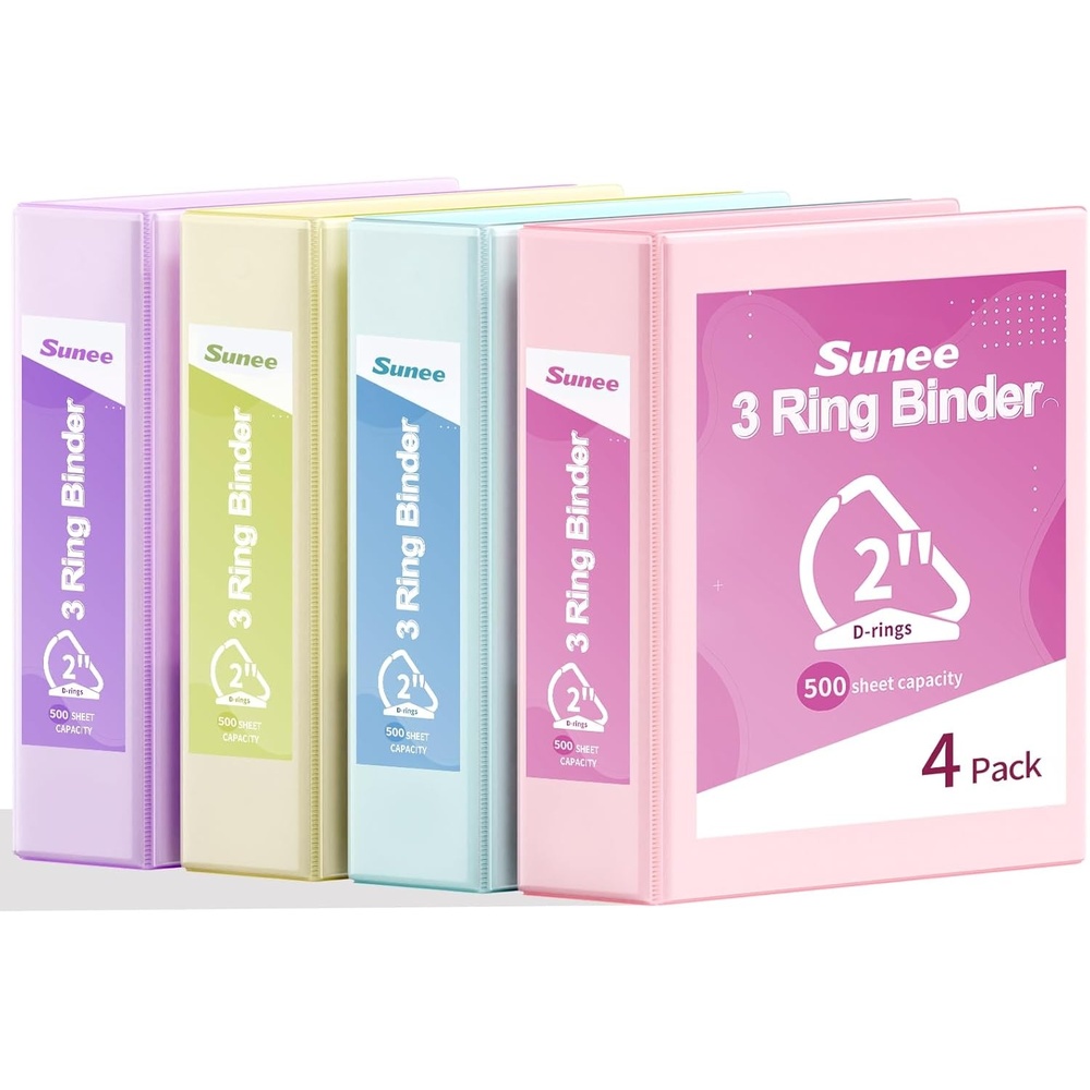 image:imageSUNEE 3 Ring Binder 3 Inch D Ring Clear View Binder Three Ring PVCFree Fit 85x11 Inches for School or Office Supplies Assorted Pastel 4 Pack2 Inch