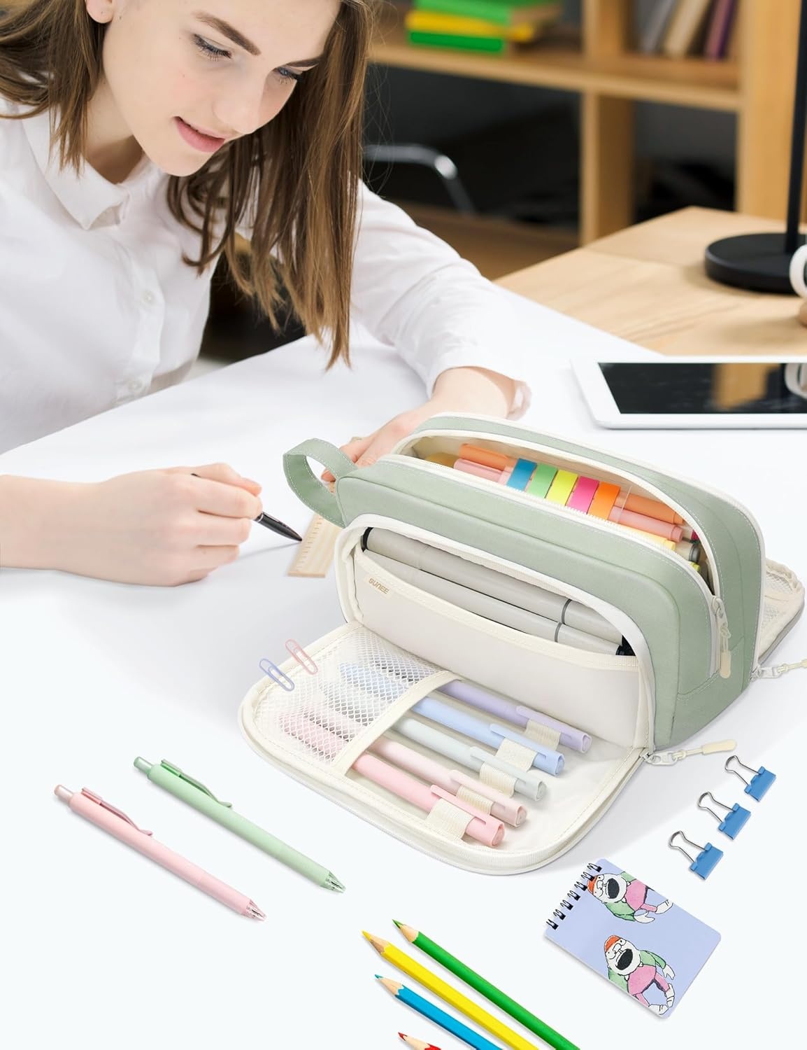 image:imageSUNEE Cute Pencil Case Aesthetic Pen Pouch with 3 Compartments Kawaii Colored Large Pencil Bag with Zipper Stationery Storage and Organizer Black School Supplies for Teen and Adult GirlsGreen