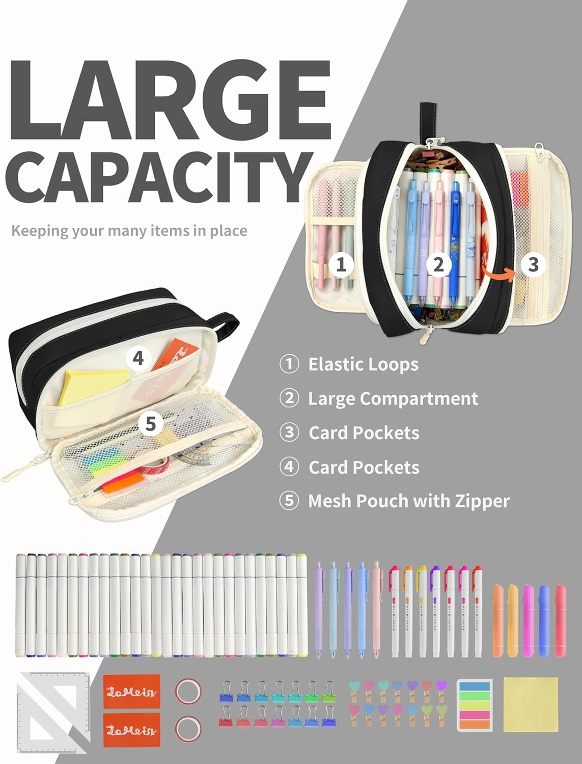 image:imageSUNEE Cute Pencil Case Aesthetic Pen Pouch with 3 Compartments Kawaii Colored Large Pencil Bag with Zipper Stationery Storage and Organizer Black School Supplies for Teen and Adult GirlsBlack