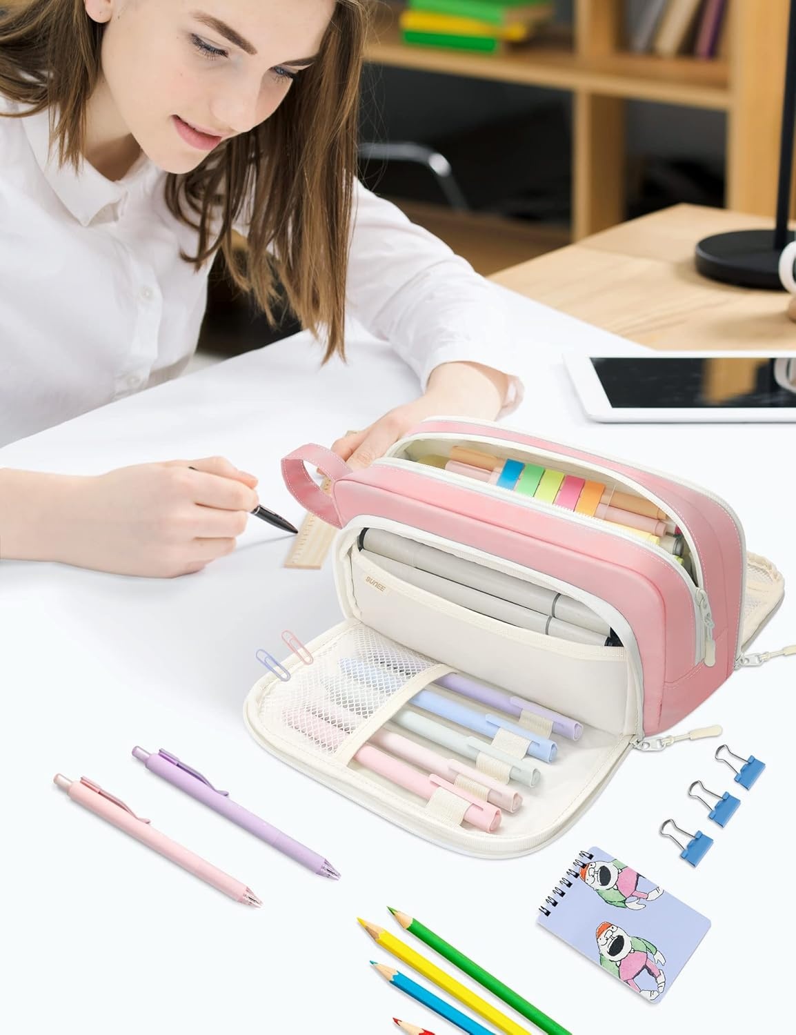 image:imageSUNEE Cute Pencil Case Aesthetic Pen Pouch with 3 Compartments Kawaii Colored Large Pencil Bag with Zipper Stationery Storage and Organizer Black School Supplies for Teen and Adult GirlsPink