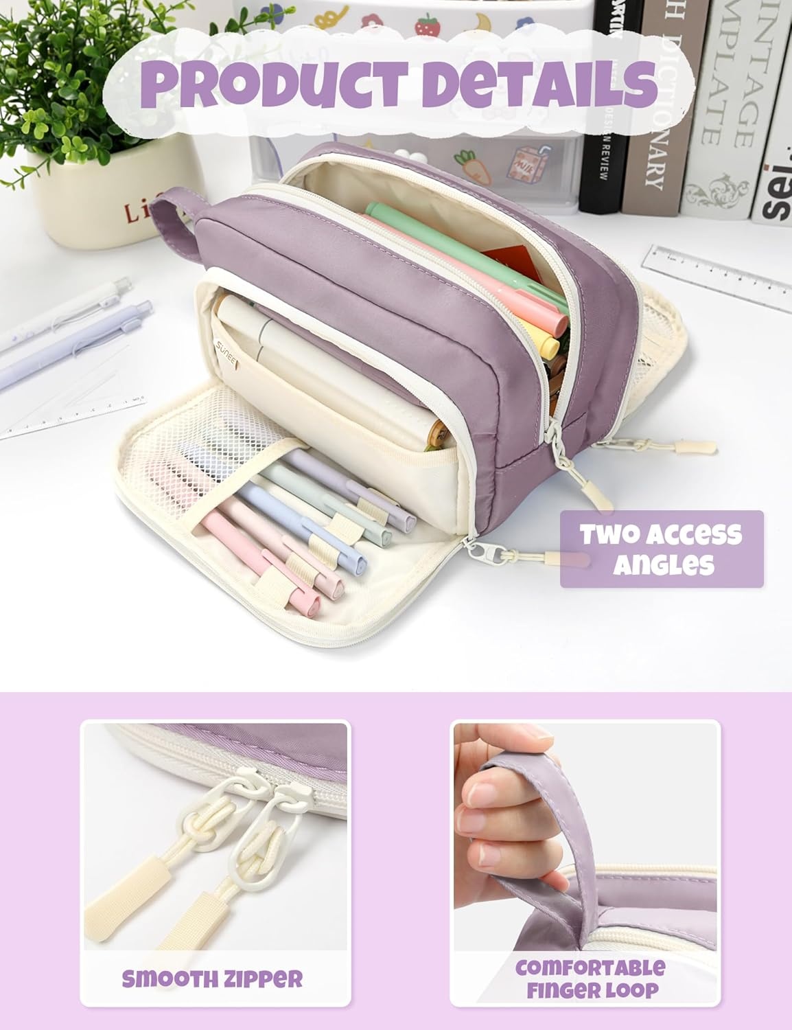 image:imageSUNEE Cute Pencil Case Aesthetic Pen Pouch with 3 Compartments Kawaii Colored Large Pencil Bag with Zipper Stationery Storage and Organizer Black School Supplies for Teen and Adult GirlsPurple