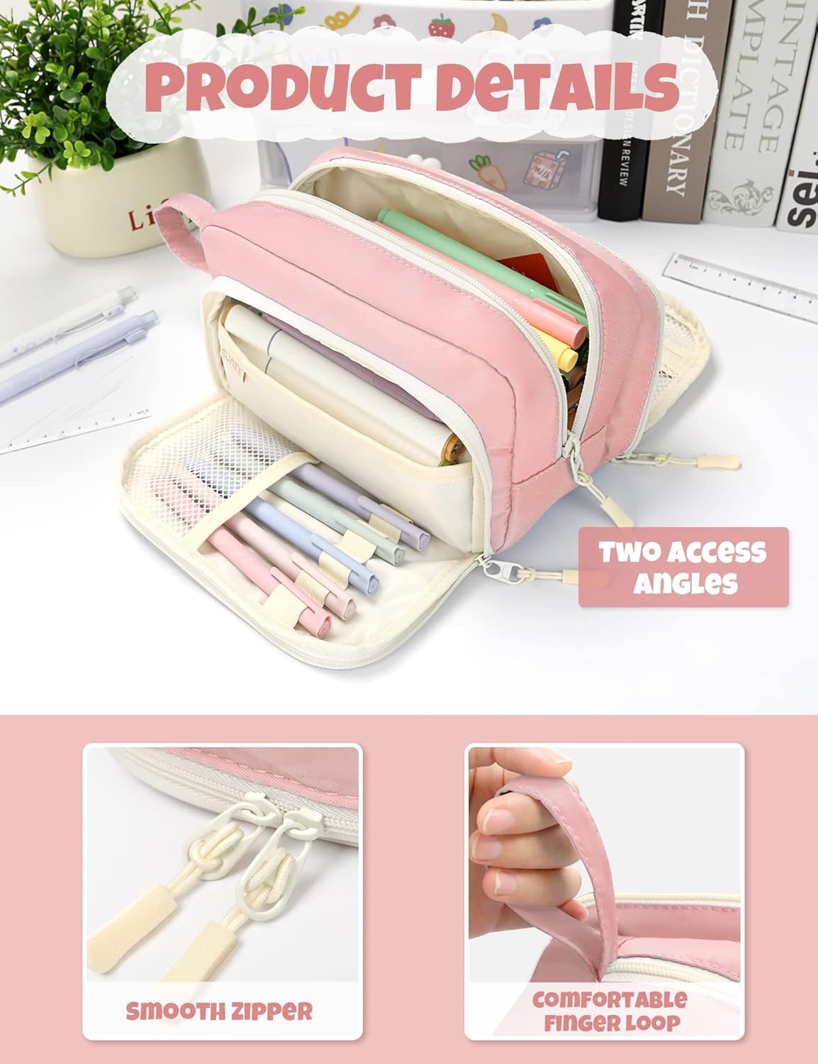 image:imageSUNEE Cute Pencil Case Aesthetic Pen Pouch with 3 Compartments Kawaii Colored Large Pencil Bag with Zipper Stationery Storage and Organizer Black School Supplies for Teen and Adult GirlsPink