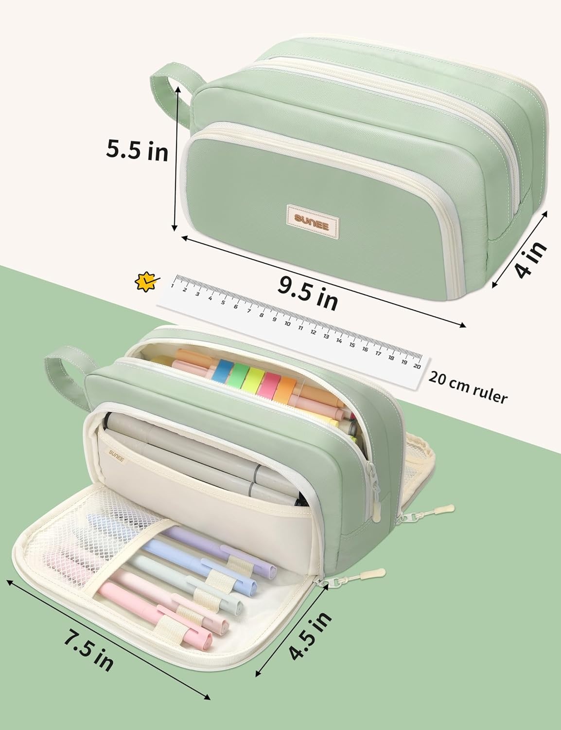 image:imageSUNEE Cute Pencil Case Aesthetic Pen Pouch with 3 Compartments Kawaii Colored Large Pencil Bag with Zipper Stationery Storage and Organizer Black School Supplies for Teen and Adult GirlsGreen
