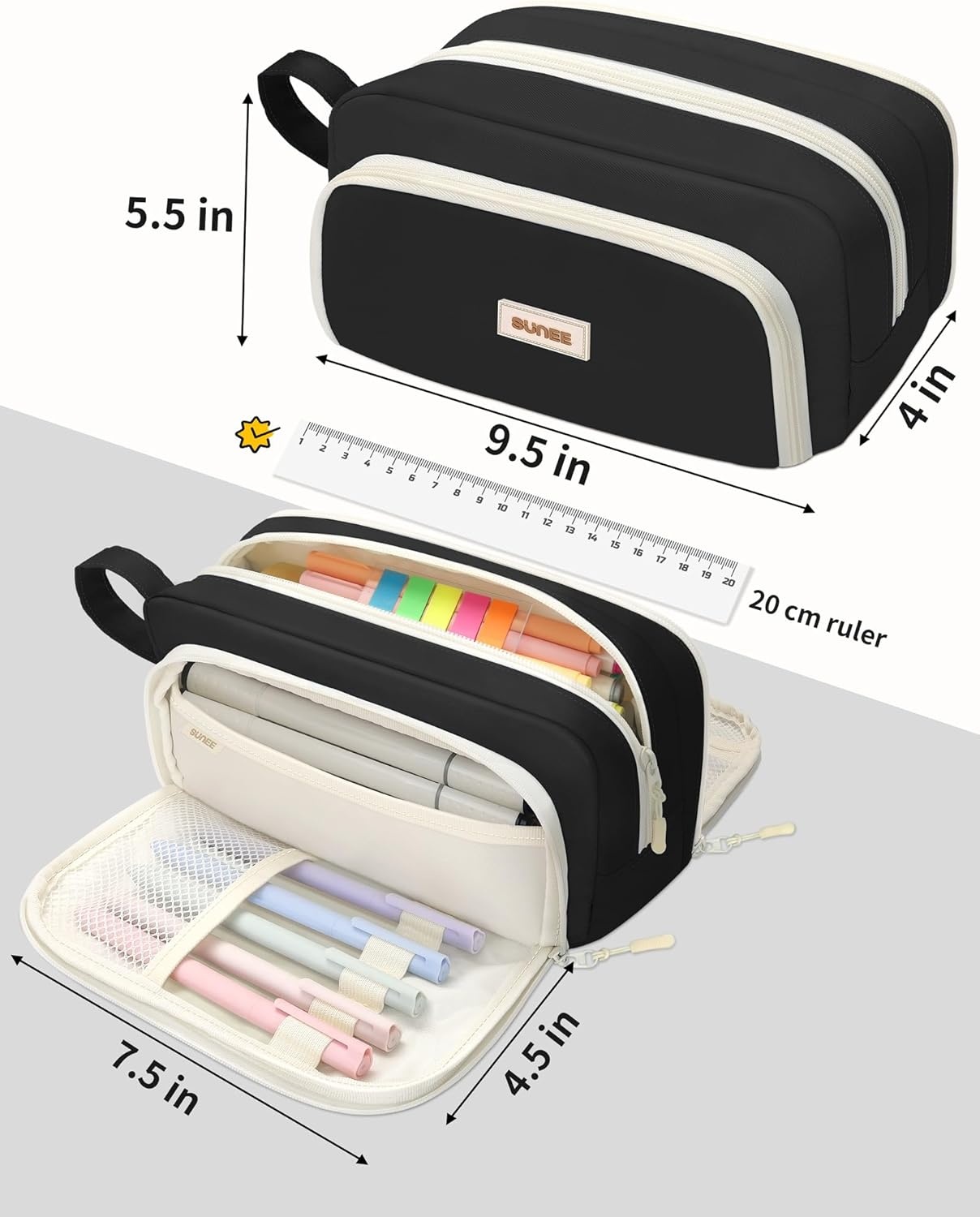 image:imageSUNEE Cute Pencil Case Aesthetic Pen Pouch with 3 Compartments Kawaii Colored Large Pencil Bag with Zipper Stationery Storage and Organizer Black School Supplies for Teen and Adult GirlsBlack