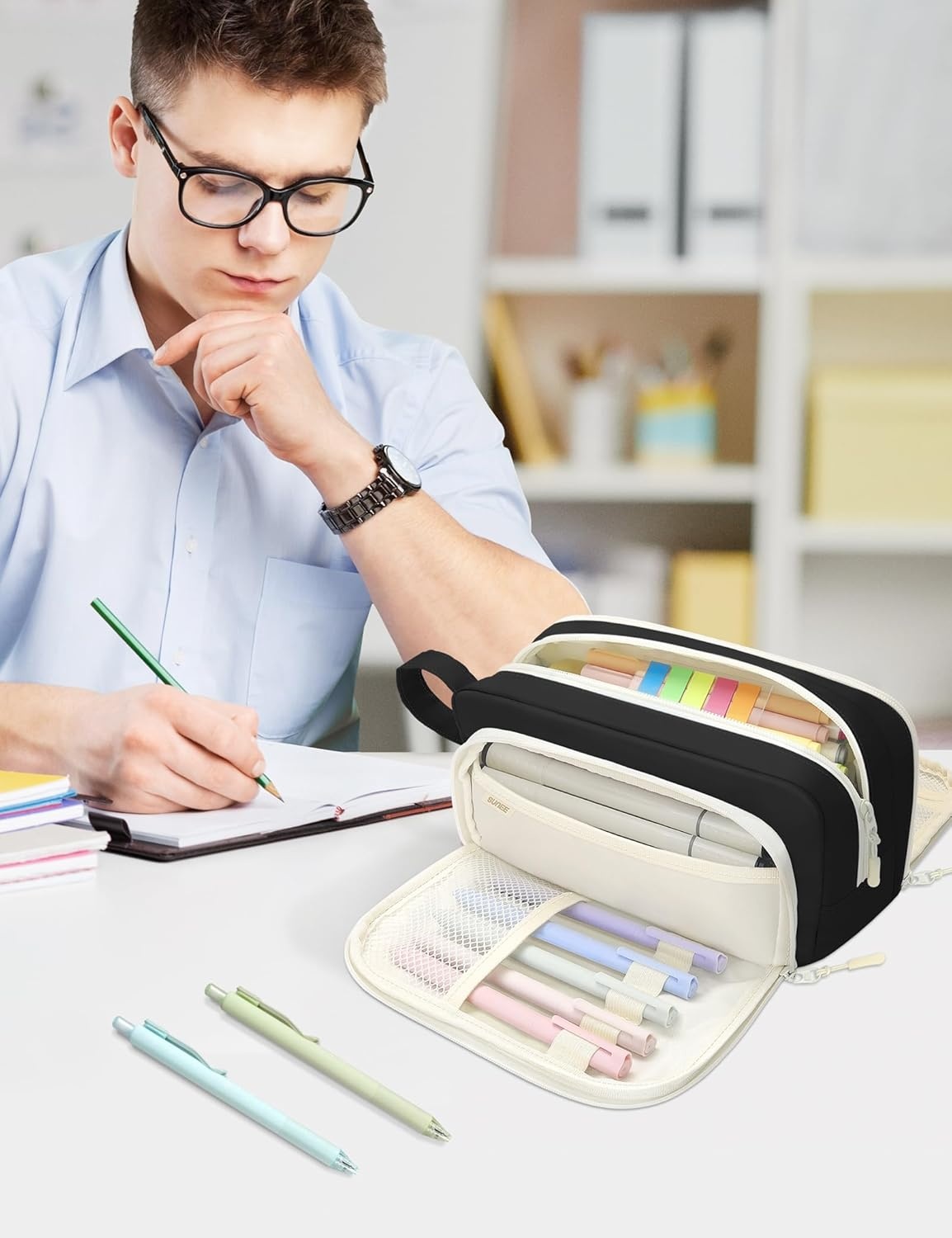 image:imageSUNEE Cute Pencil Case Aesthetic Pen Pouch with 3 Compartments Kawaii Colored Large Pencil Bag with Zipper Stationery Storage and Organizer Black School Supplies for Teen and Adult GirlsBlack