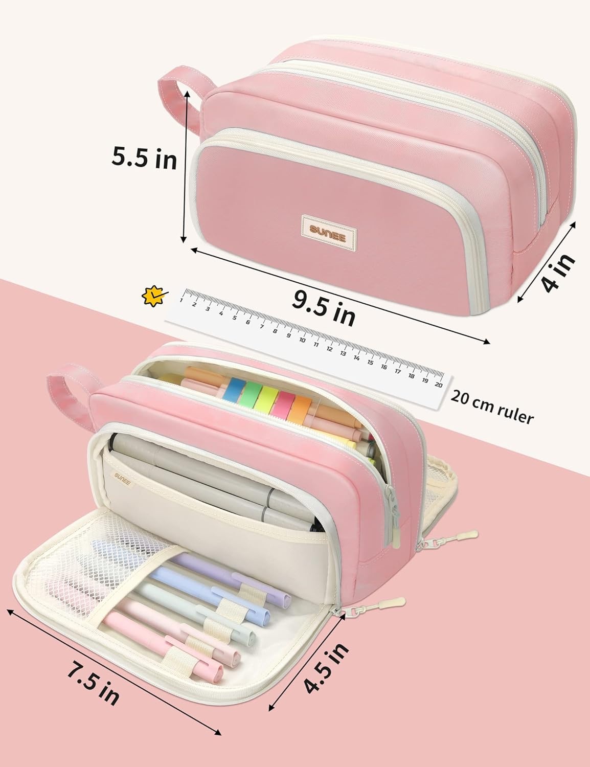 image:imageSUNEE Cute Pencil Case Aesthetic Pen Pouch with 3 Compartments Kawaii Colored Large Pencil Bag with Zipper Stationery Storage and Organizer Black School Supplies for Teen and Adult GirlsPink
