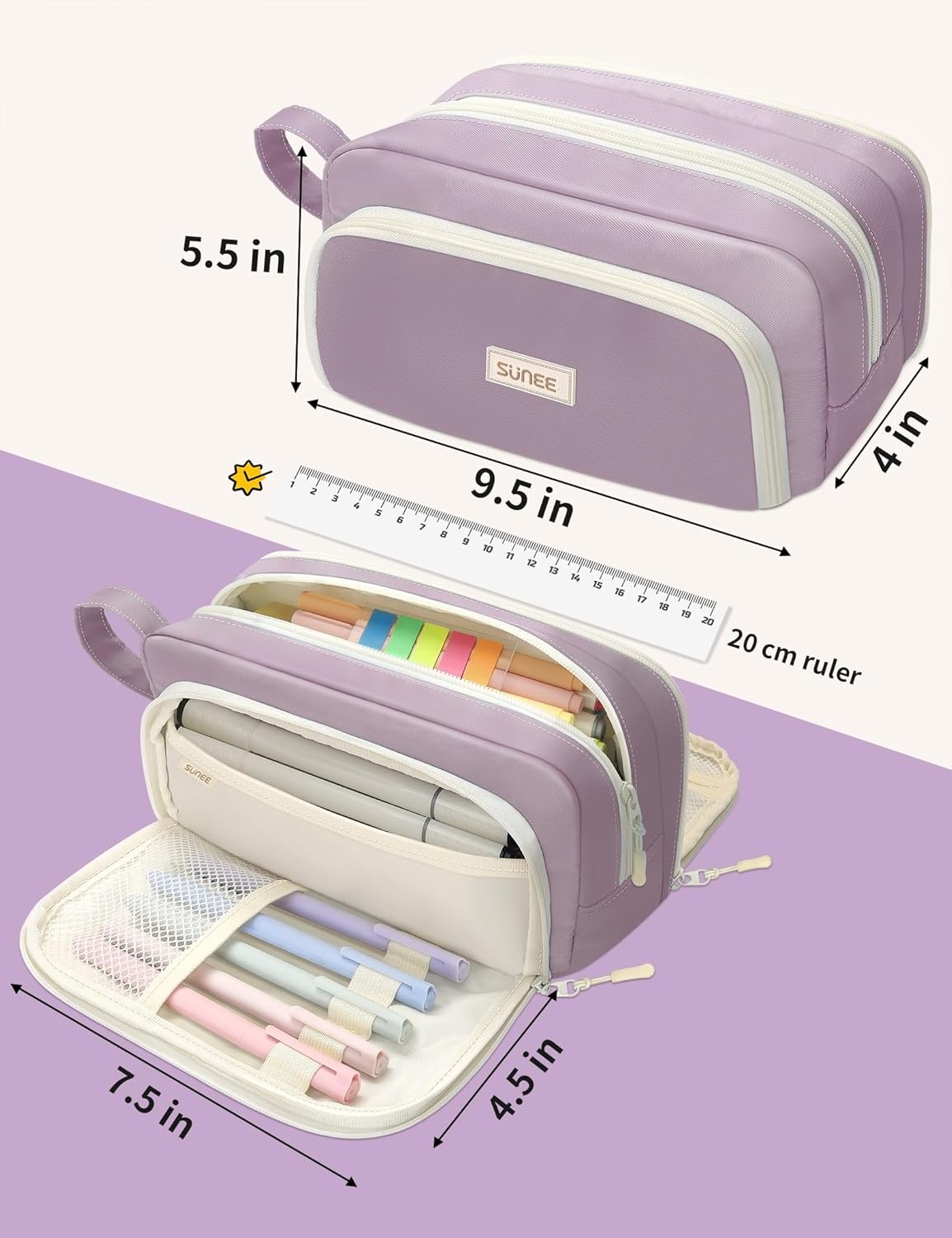 image:imageSUNEE Cute Pencil Case Aesthetic Pen Pouch with 3 Compartments Kawaii Colored Large Pencil Bag with Zipper Stationery Storage and Organizer Black School Supplies for Teen and Adult GirlsPurple