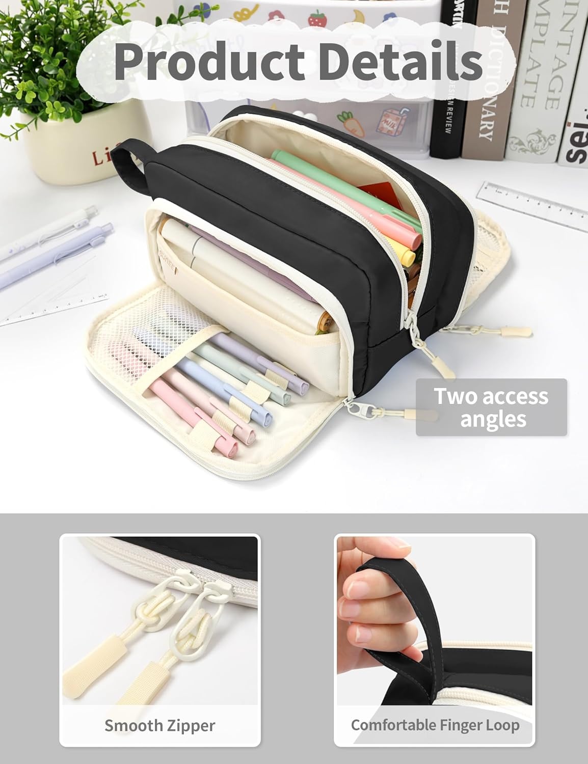 image:imageSUNEE Cute Pencil Case Aesthetic Pen Pouch with 3 Compartments Kawaii Colored Large Pencil Bag with Zipper Stationery Storage and Organizer Black School Supplies for Teen and Adult GirlsBlack