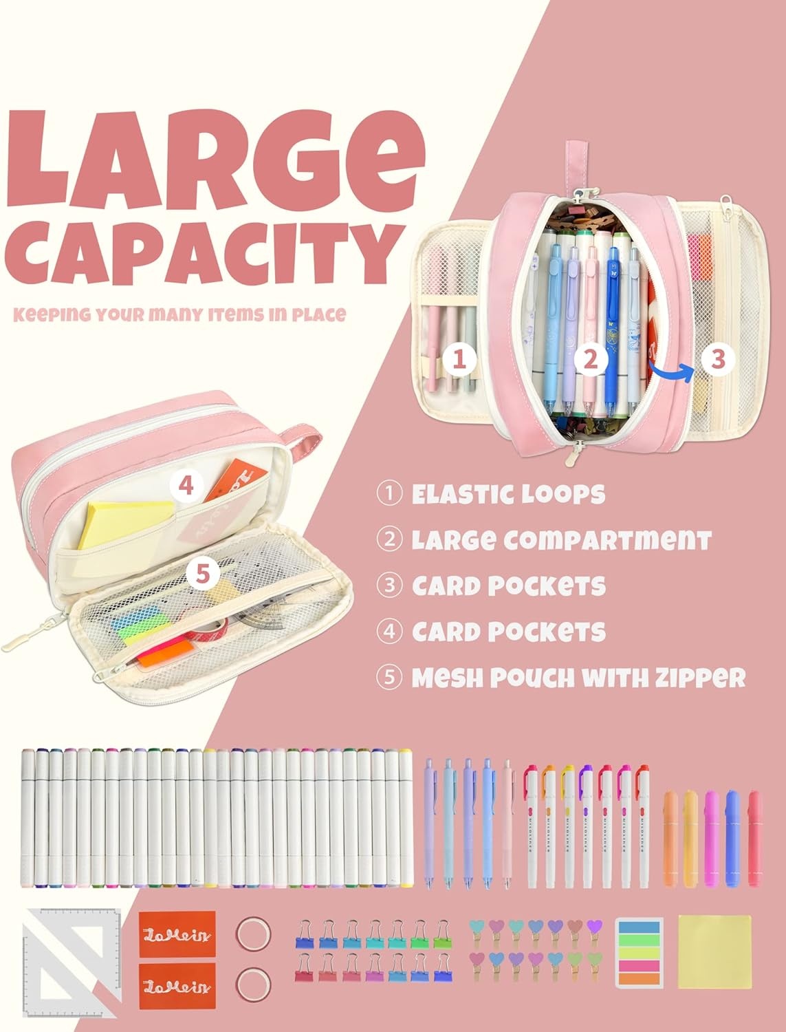 image:imageSUNEE Cute Pencil Case Aesthetic Pen Pouch with 3 Compartments Kawaii Colored Large Pencil Bag with Zipper Stationery Storage and Organizer Black School Supplies for Teen and Adult GirlsPink
