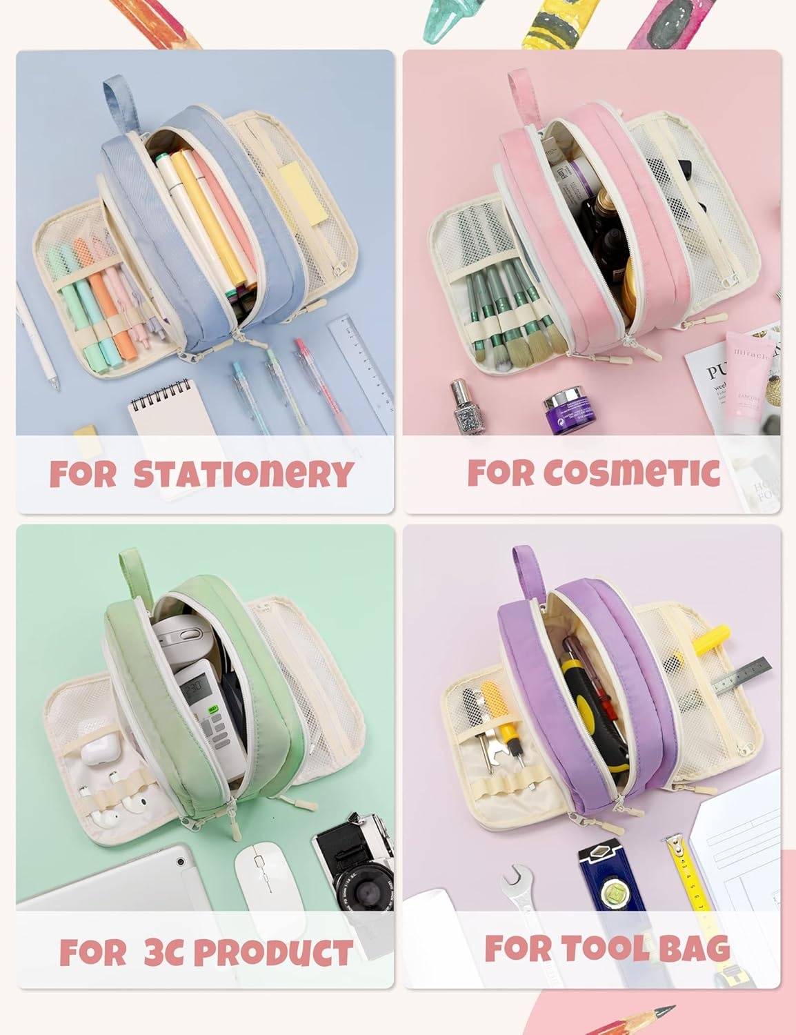 image:imageSUNEE Cute Pencil Case Aesthetic Pen Pouch with 3 Compartments Kawaii Colored Large Pencil Bag with Zipper Stationery Storage and Organizer Black School Supplies for Teen and Adult GirlsPink