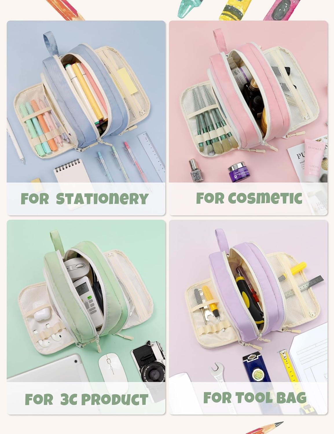 image:imageSUNEE Cute Pencil Case Aesthetic Pen Pouch with 3 Compartments Kawaii Colored Large Pencil Bag with Zipper Stationery Storage and Organizer Black School Supplies for Teen and Adult GirlsGreen