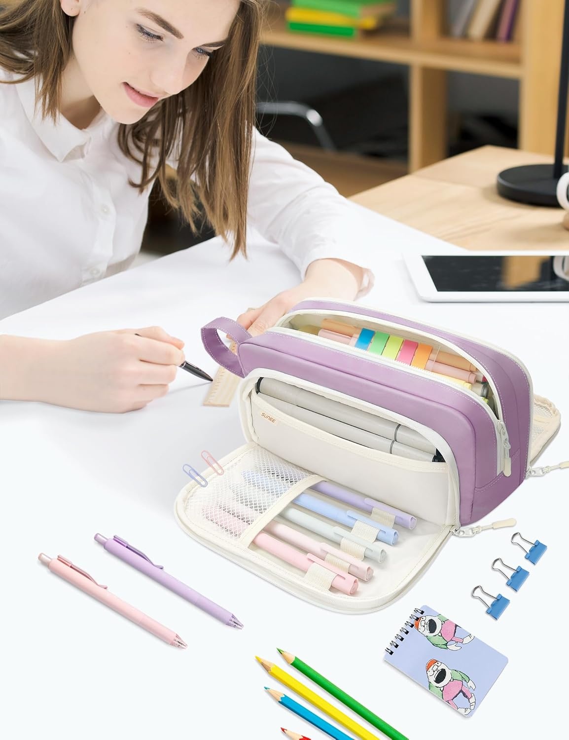 image:imageSUNEE Cute Pencil Case Aesthetic Pen Pouch with 3 Compartments Kawaii Colored Large Pencil Bag with Zipper Stationery Storage and Organizer Black School Supplies for Teen and Adult GirlsPurple