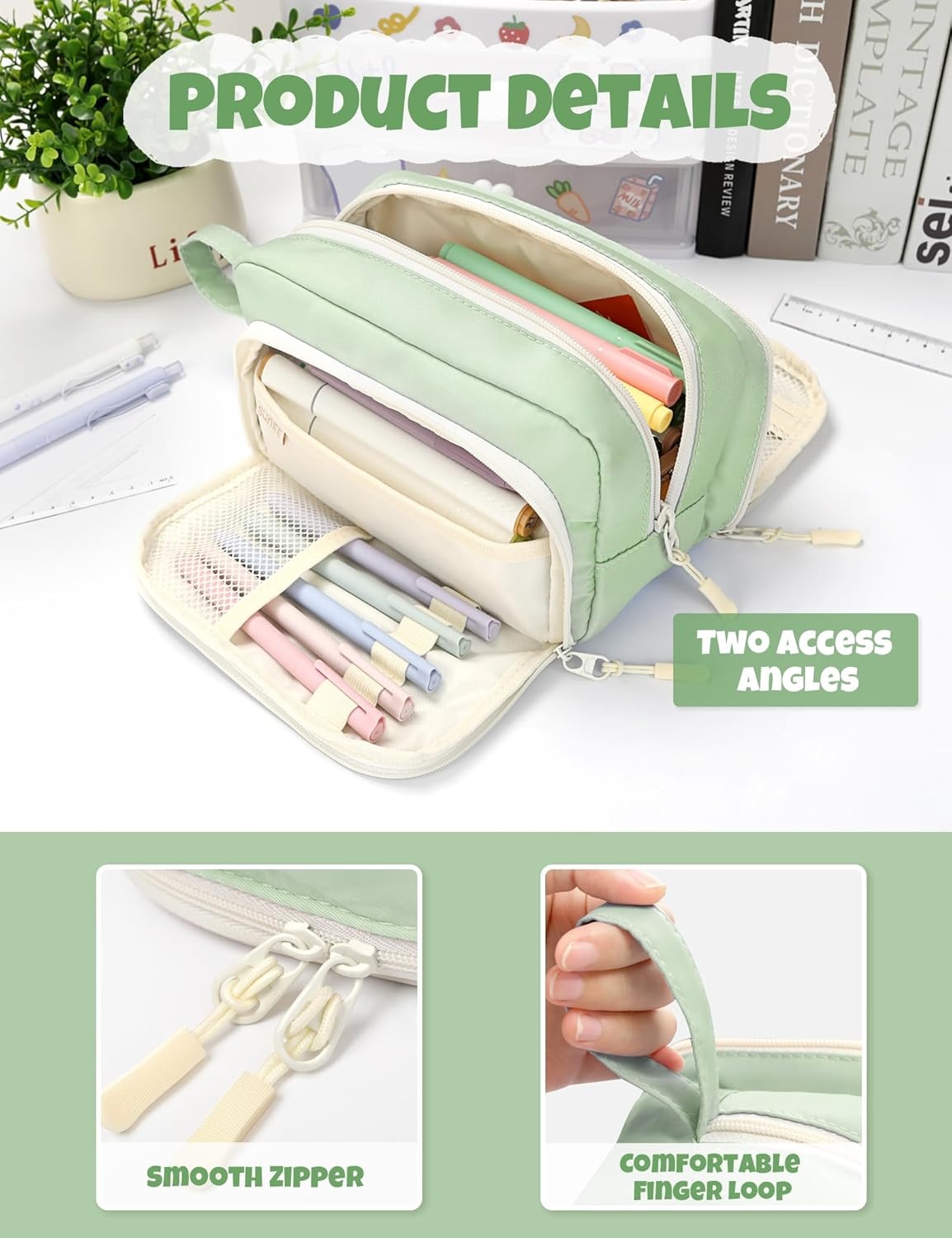 image:imageSUNEE Cute Pencil Case Aesthetic Pen Pouch with 3 Compartments Kawaii Colored Large Pencil Bag with Zipper Stationery Storage and Organizer Black School Supplies for Teen and Adult GirlsGreen