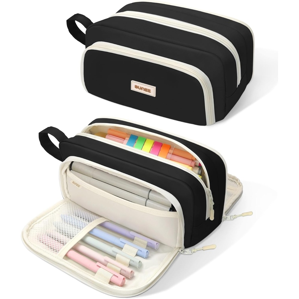 image:imageSUNEE Cute Pencil Case Aesthetic Pen Pouch with 3 Compartments Kawaii Colored Large Pencil Bag with Zipper Stationery Storage and Organizer Black School Supplies for Teen and Adult GirlsBlack