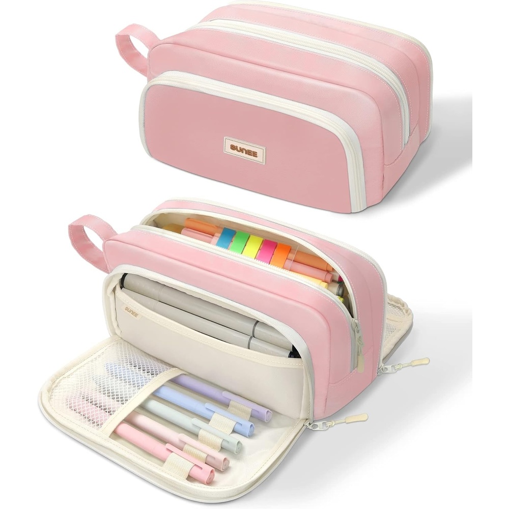 image:imageSUNEE Cute Pencil Case Aesthetic Pen Pouch with 3 Compartments Kawaii Colored Large Pencil Bag with Zipper Stationery Storage and Organizer Black School Supplies for Teen and Adult GirlsPink