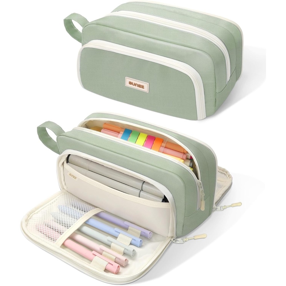 image:imageSUNEE Cute Pencil Case Aesthetic Pen Pouch with 3 Compartments Kawaii Colored Large Pencil Bag with Zipper Stationery Storage and Organizer Black School Supplies for Teen and Adult GirlsGreen