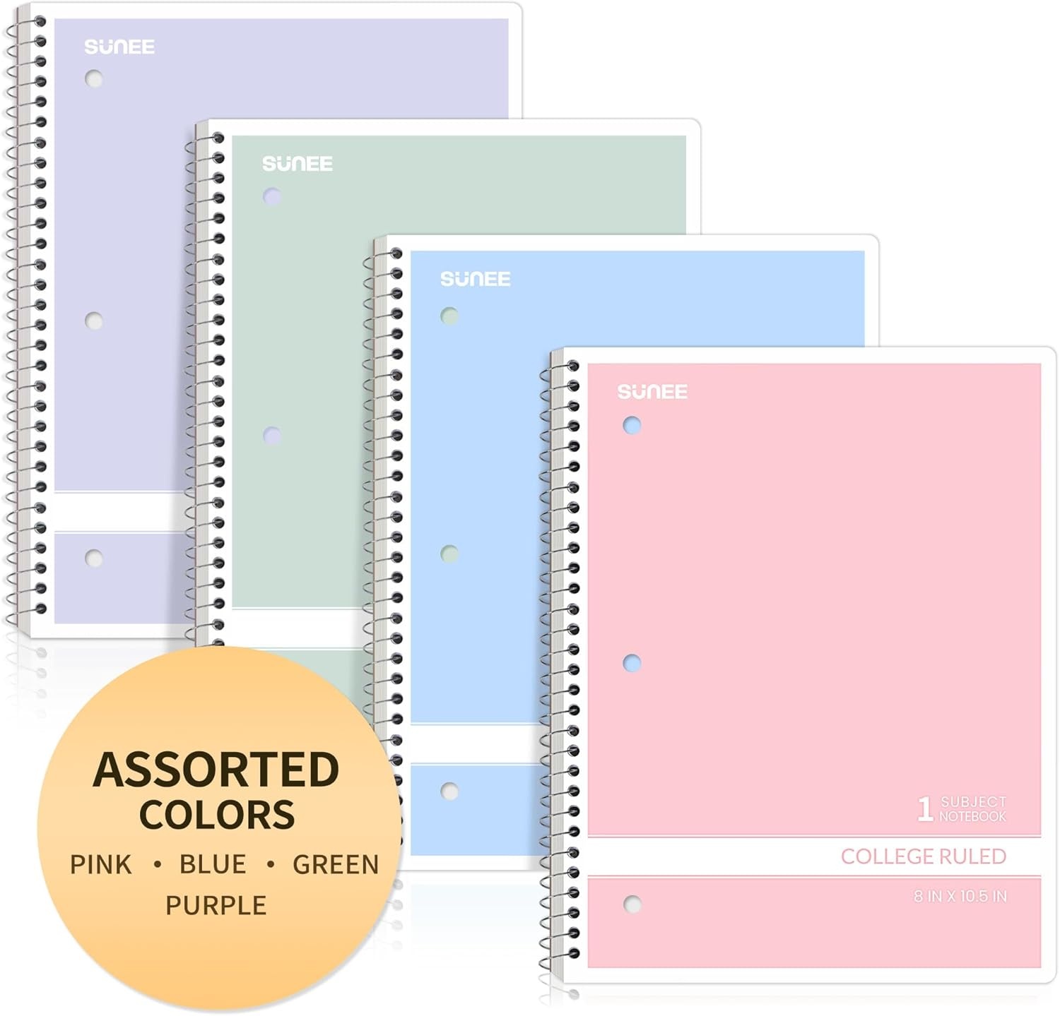 image:imageSUNEE Spiral Notebooks College Ruled 1Subject 4 Pack 8 x 1012 in 70 Sheets 3Hole Punched 70gsm Paper Pastel Pink Purple Blue Green for School Home amp Office Writing JournalMulticolor