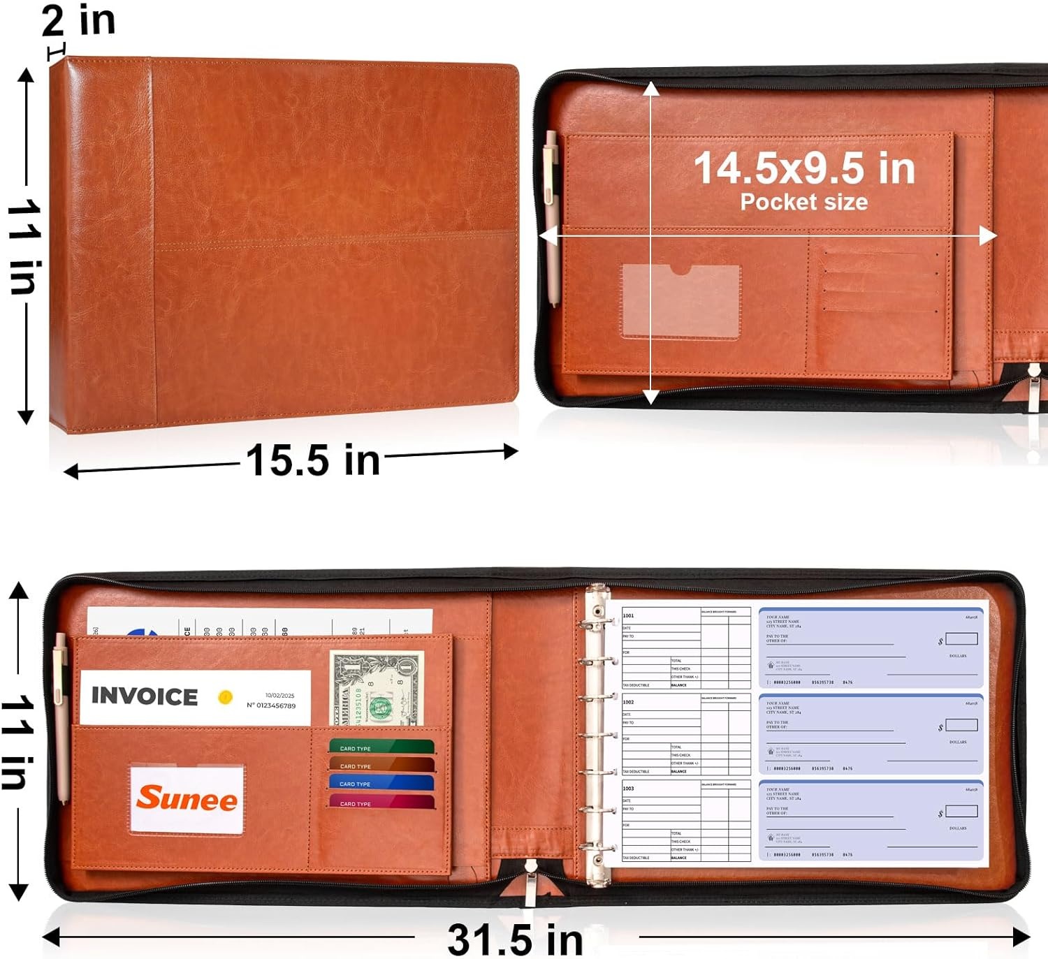 image:imageSUNEE Zippered Business Checkbook Binder 7 Ring 1 Inch with Zipper for Business Checks 9 x 13 PU Leather Check Binder Holds 600 Checks Capacity for Executive Supplies BlackBrown