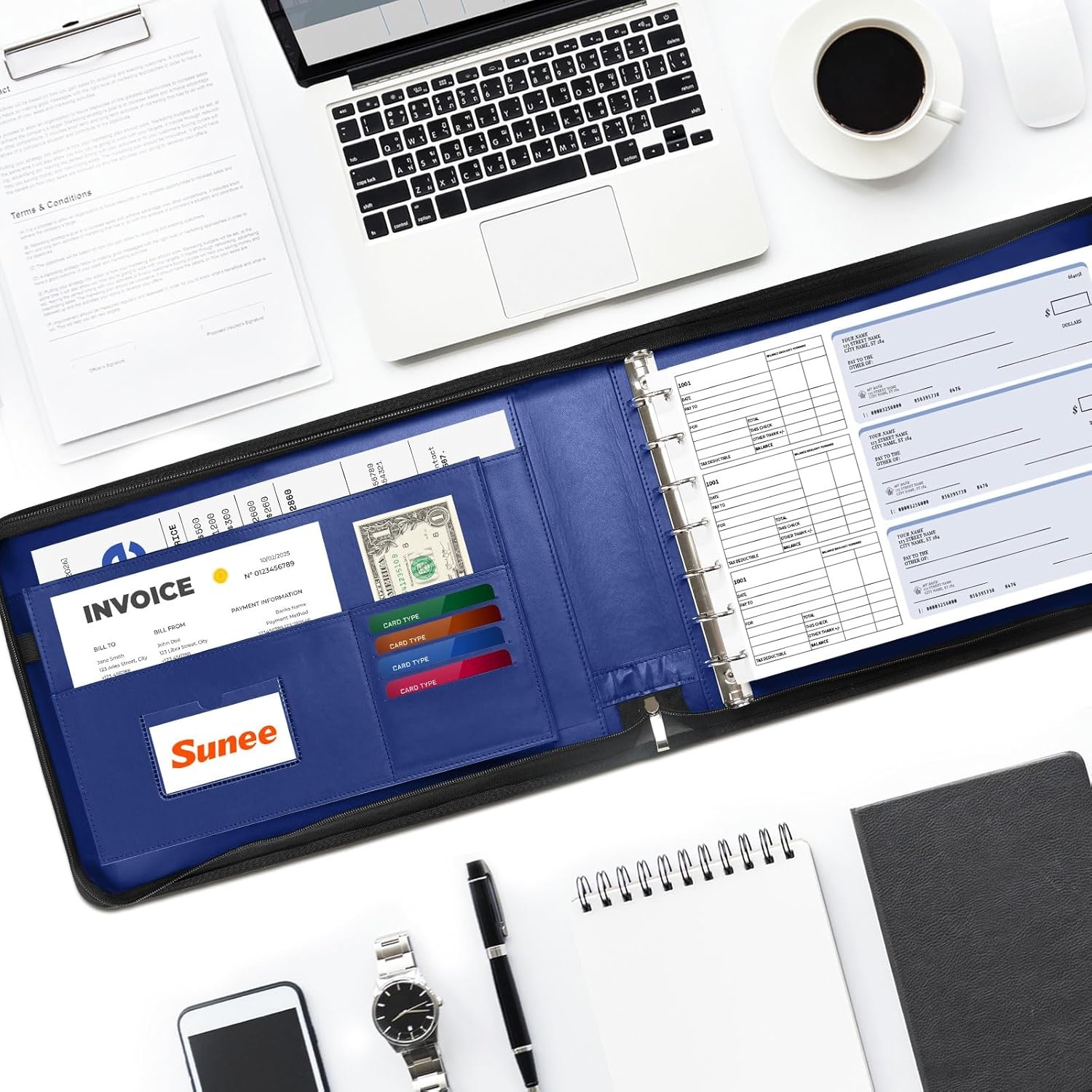 image:imageSUNEE Zippered Business Checkbook Binder 7 Ring 1 Inch with Zipper for Business Checks 9 x 13 PU Leather Check Binder Holds 600 Checks Capacity for Executive Supplies BlackBlue