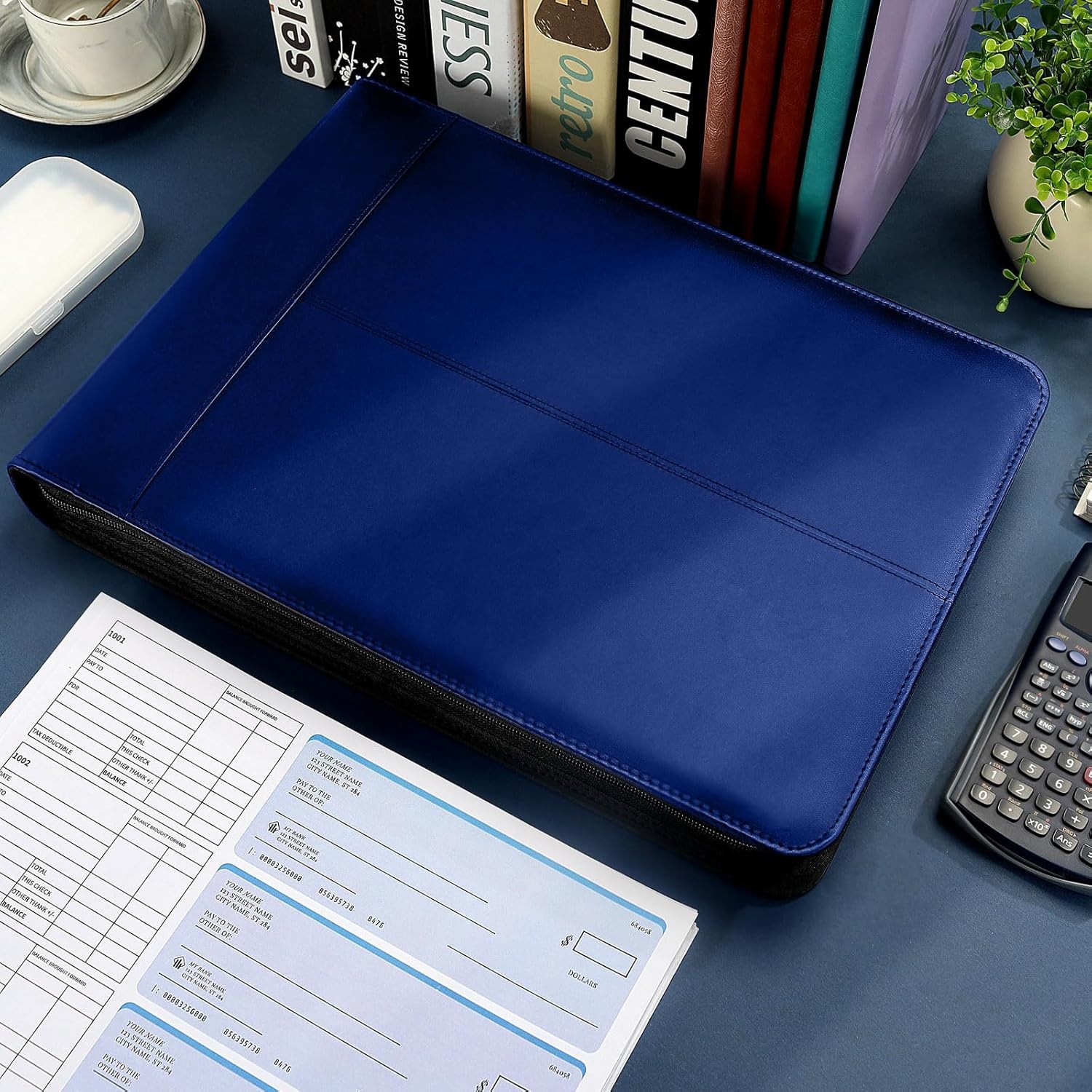 image:imageSUNEE Zippered Business Checkbook Binder 7 Ring 1 Inch with Zipper for Business Checks 9 x 13 PU Leather Check Binder Holds 600 Checks Capacity for Executive Supplies BlackBlue
