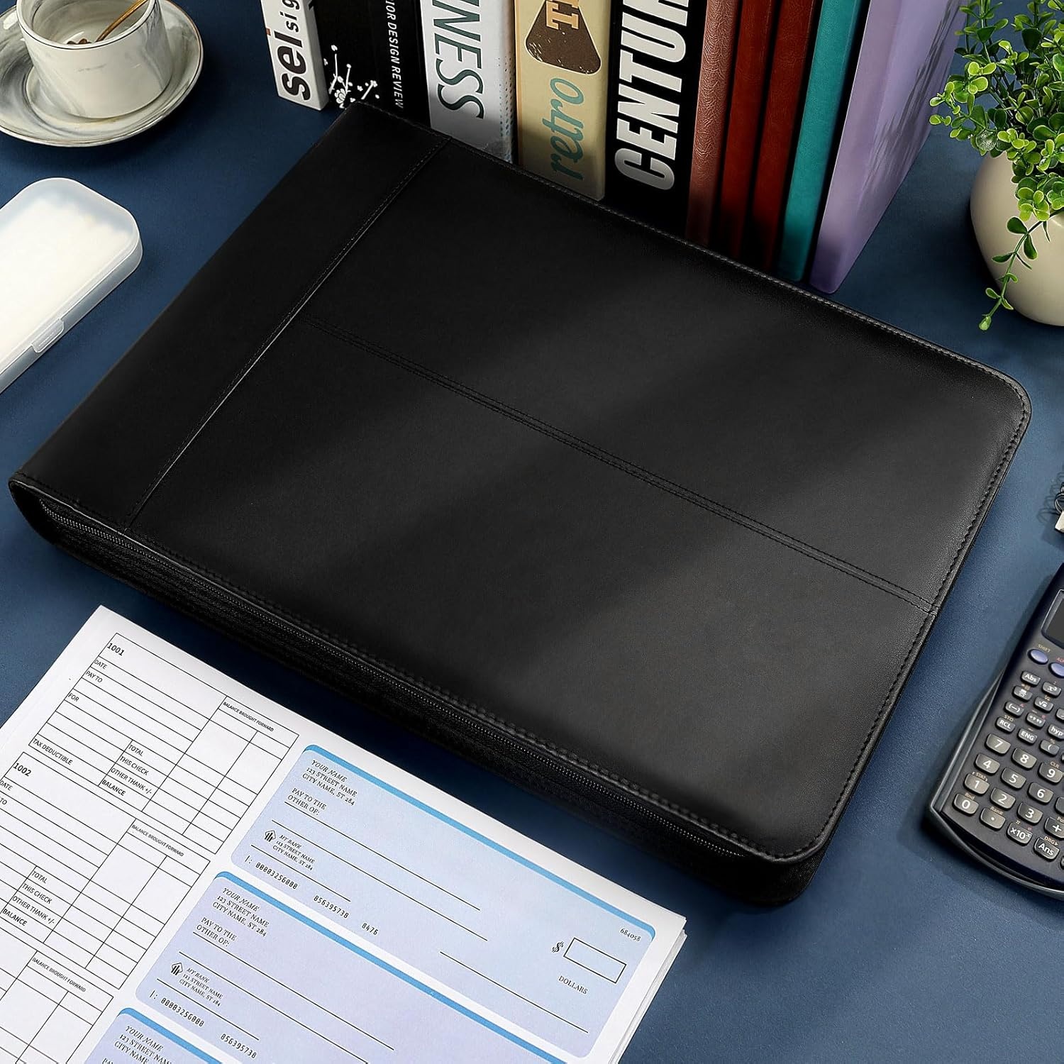 image:imageSUNEE Zippered Business Checkbook Binder 7 Ring 1 Inch with Zipper for Business Checks 9 x 13 PU Leather Check Binder Holds 600 Checks Capacity for Executive Supplies BlackBlack