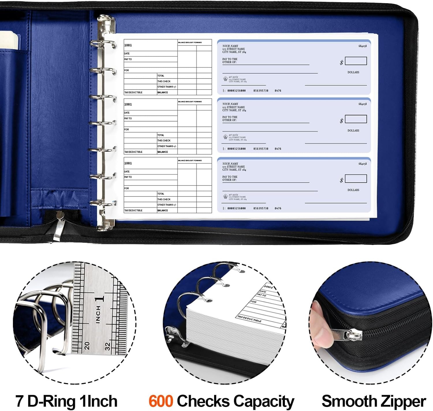 image:imageSUNEE Zippered Business Checkbook Binder 7 Ring 1 Inch with Zipper for Business Checks 9 x 13 PU Leather Check Binder Holds 600 Checks Capacity for Executive Supplies BlackBlue