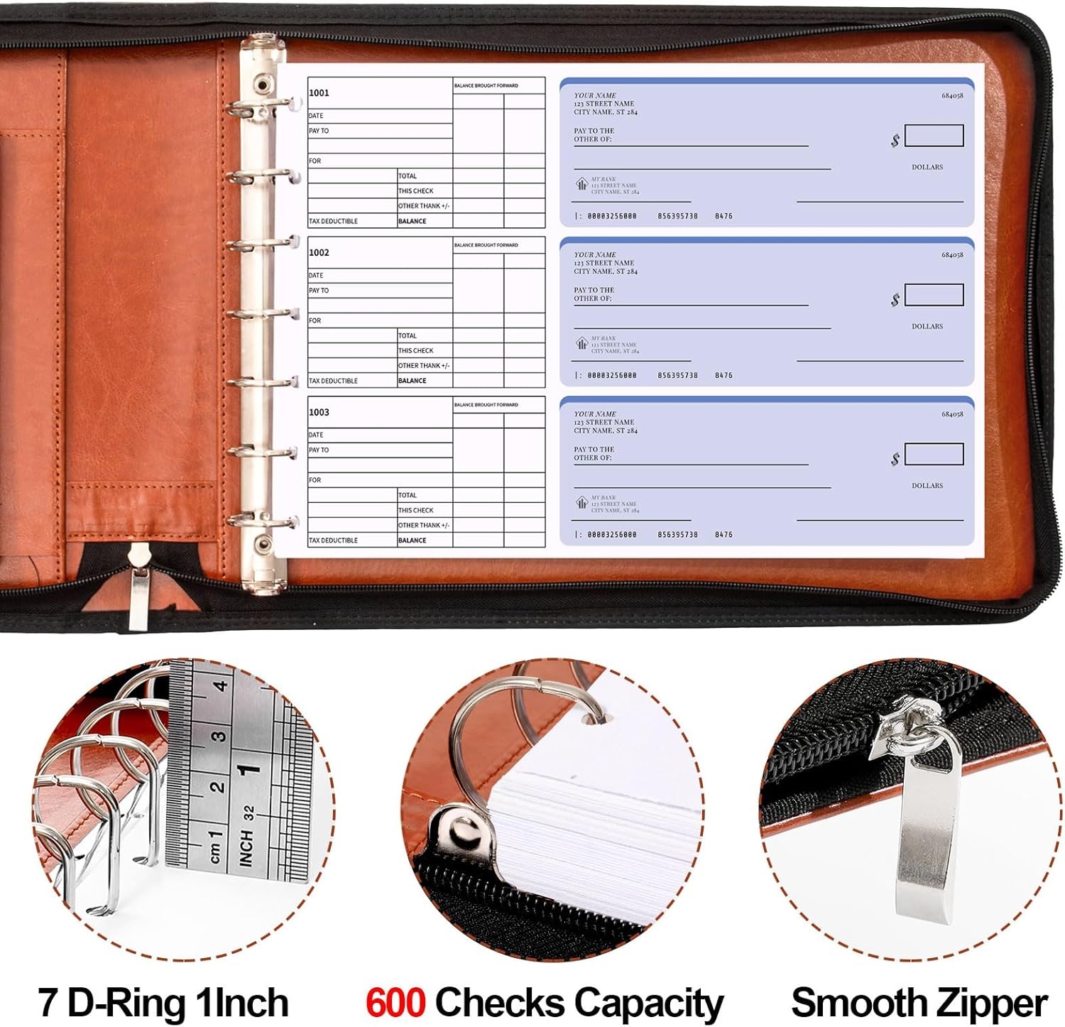 image:imageSUNEE Zippered Business Checkbook Binder 7 Ring 1 Inch with Zipper for Business Checks 9 x 13 PU Leather Check Binder Holds 600 Checks Capacity for Executive Supplies BlackBrown