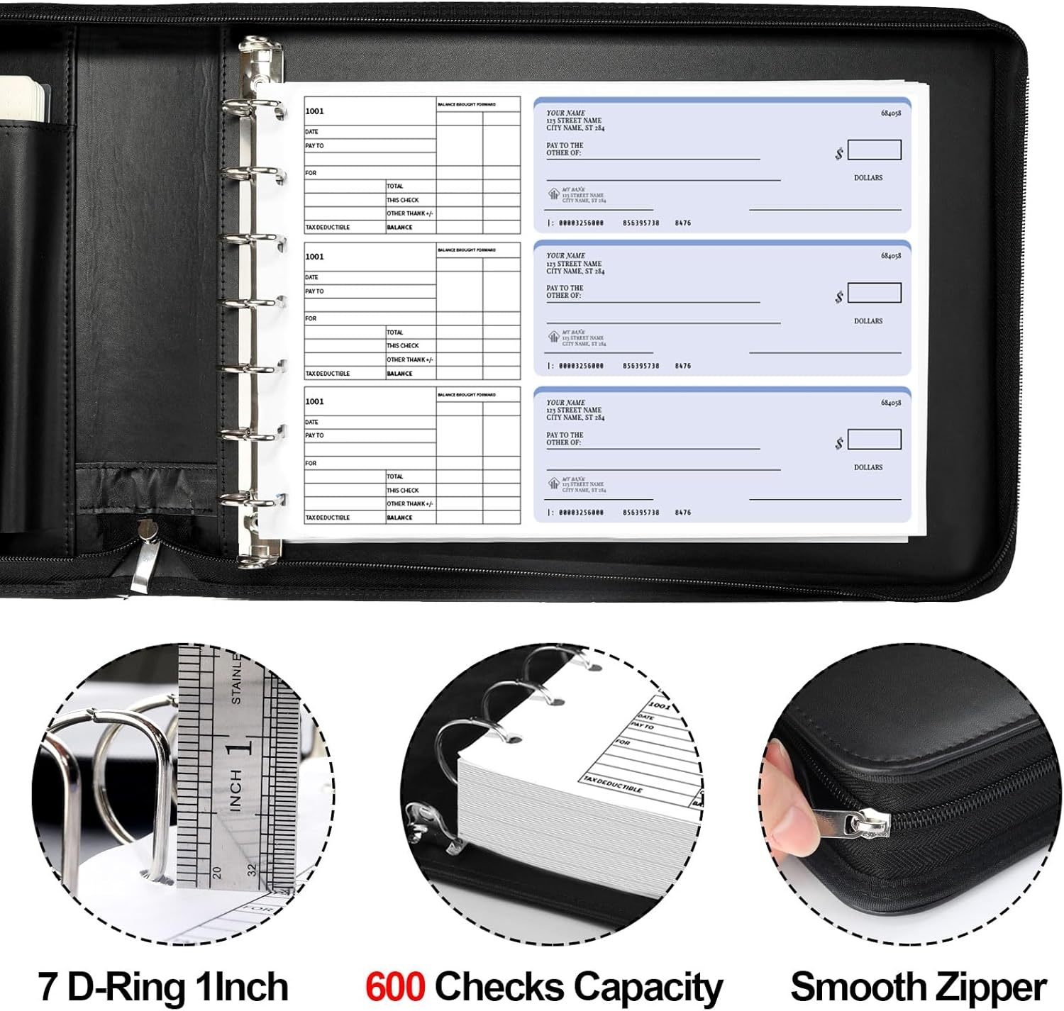 image:imageSUNEE Zippered Business Checkbook Binder 7 Ring 1 Inch with Zipper for Business Checks 9 x 13 PU Leather Check Binder Holds 600 Checks Capacity for Executive Supplies BlackBlack