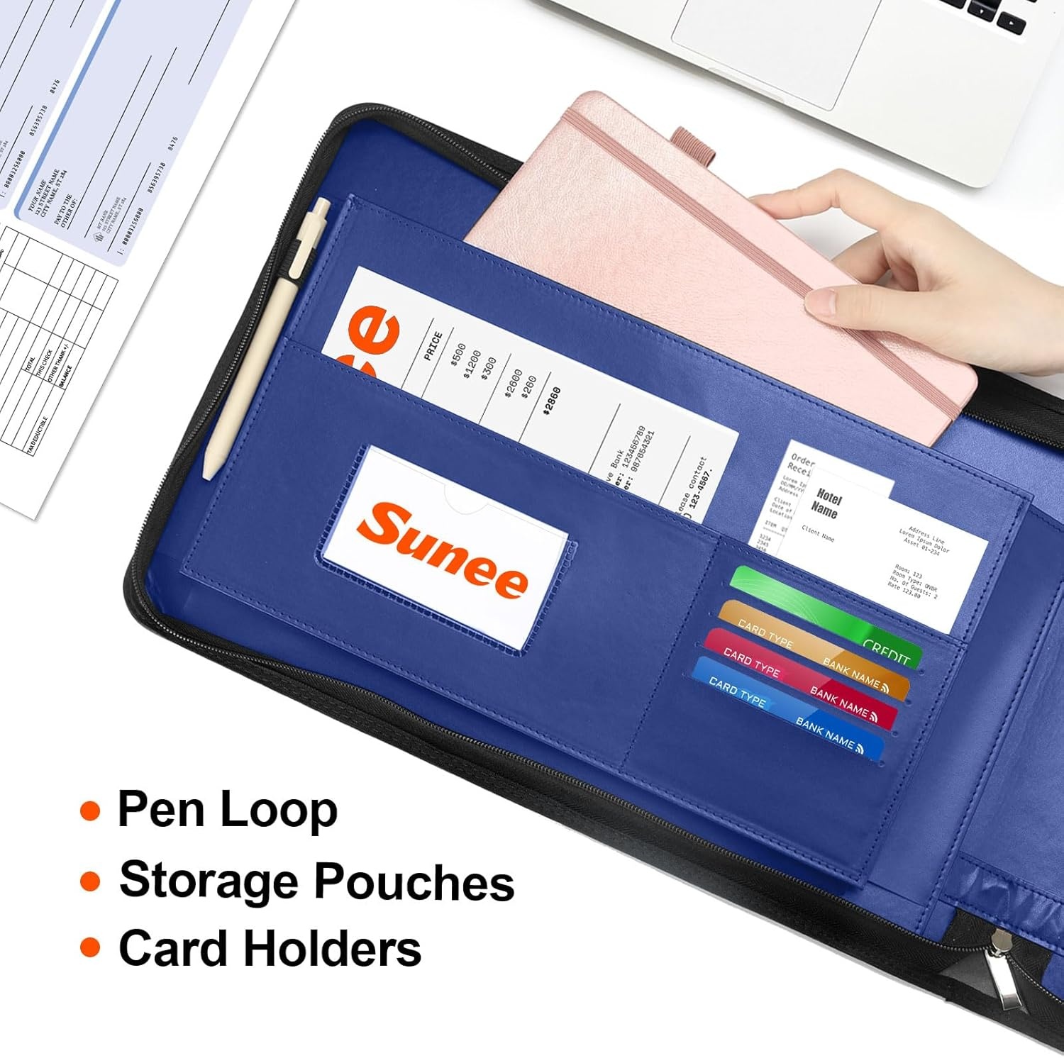 image:imageSUNEE Zippered Business Checkbook Binder 7 Ring 1 Inch with Zipper for Business Checks 9 x 13 PU Leather Check Binder Holds 600 Checks Capacity for Executive Supplies BlackBlue