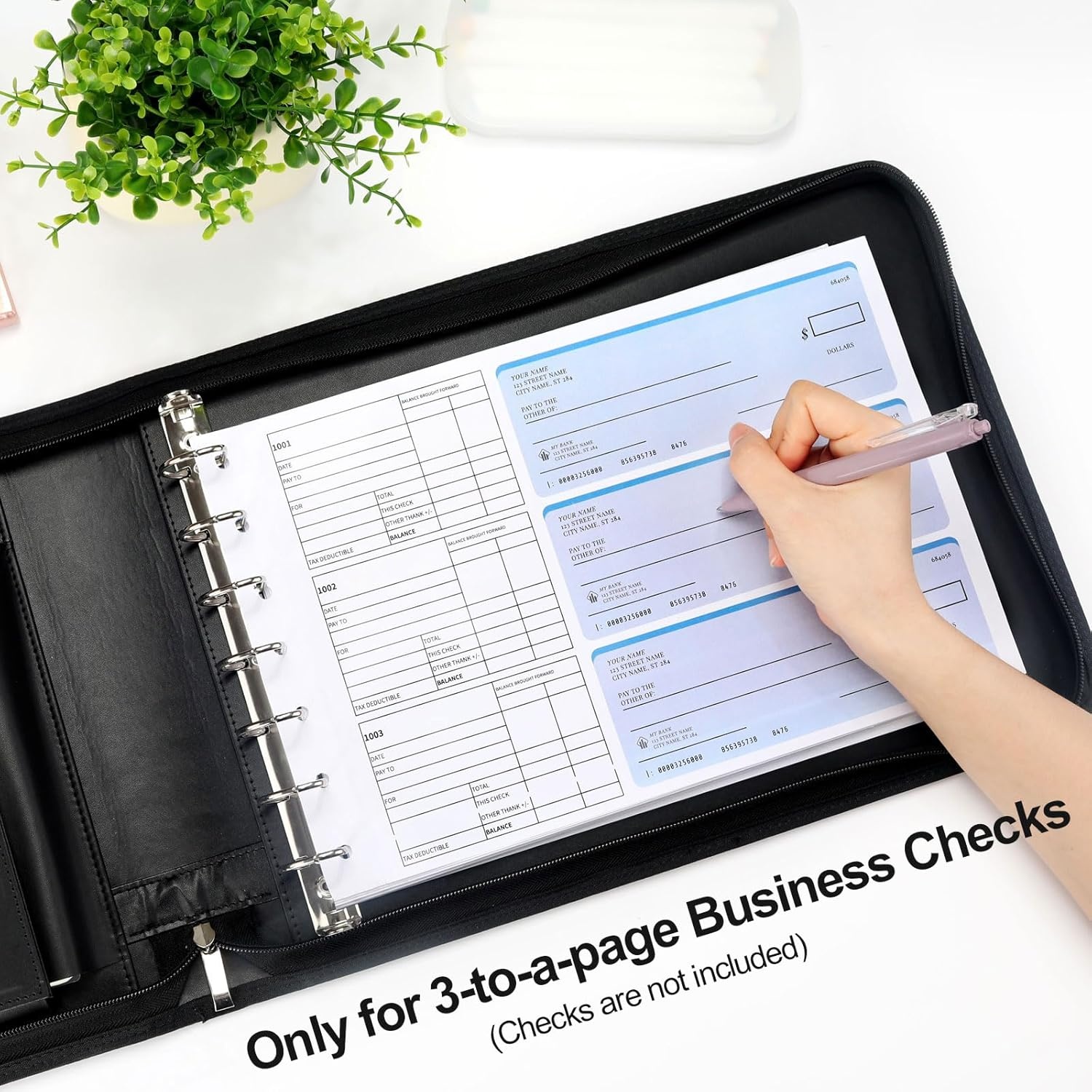 image:imageSUNEE Zippered Business Checkbook Binder 7 Ring 1 Inch with Zipper for Business Checks 9 x 13 PU Leather Check Binder Holds 600 Checks Capacity for Executive Supplies BlackBlack