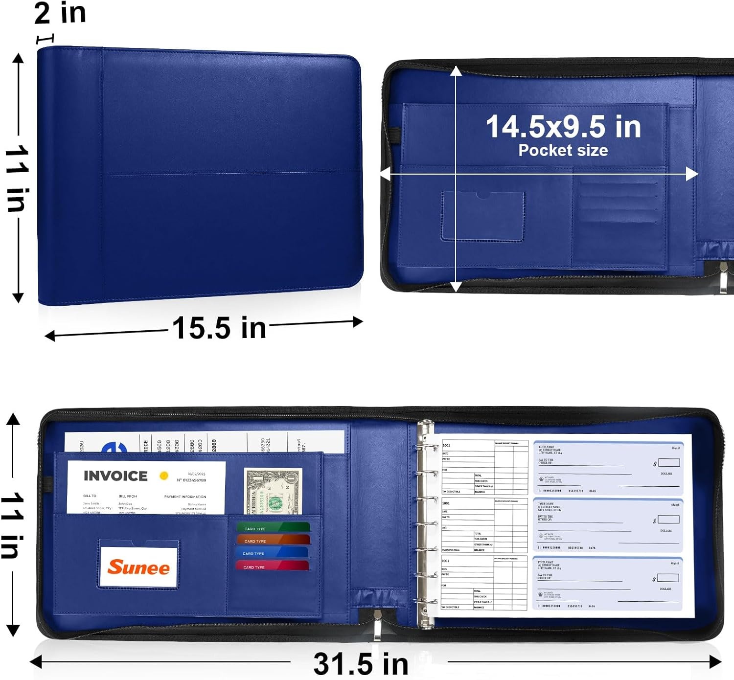 image:imageSUNEE Zippered Business Checkbook Binder 7 Ring 1 Inch with Zipper for Business Checks 9 x 13 PU Leather Check Binder Holds 600 Checks Capacity for Executive Supplies BlackBlue