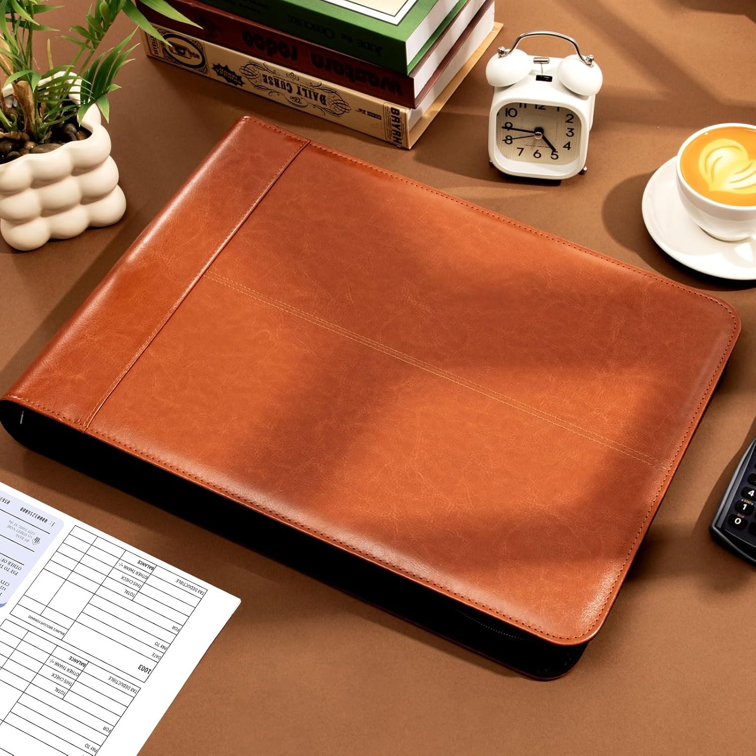 image:imageSUNEE Zippered Business Checkbook Binder 7 Ring 1 Inch with Zipper for Business Checks 9 x 13 PU Leather Check Binder Holds 600 Checks Capacity for Executive Supplies BlackBrown