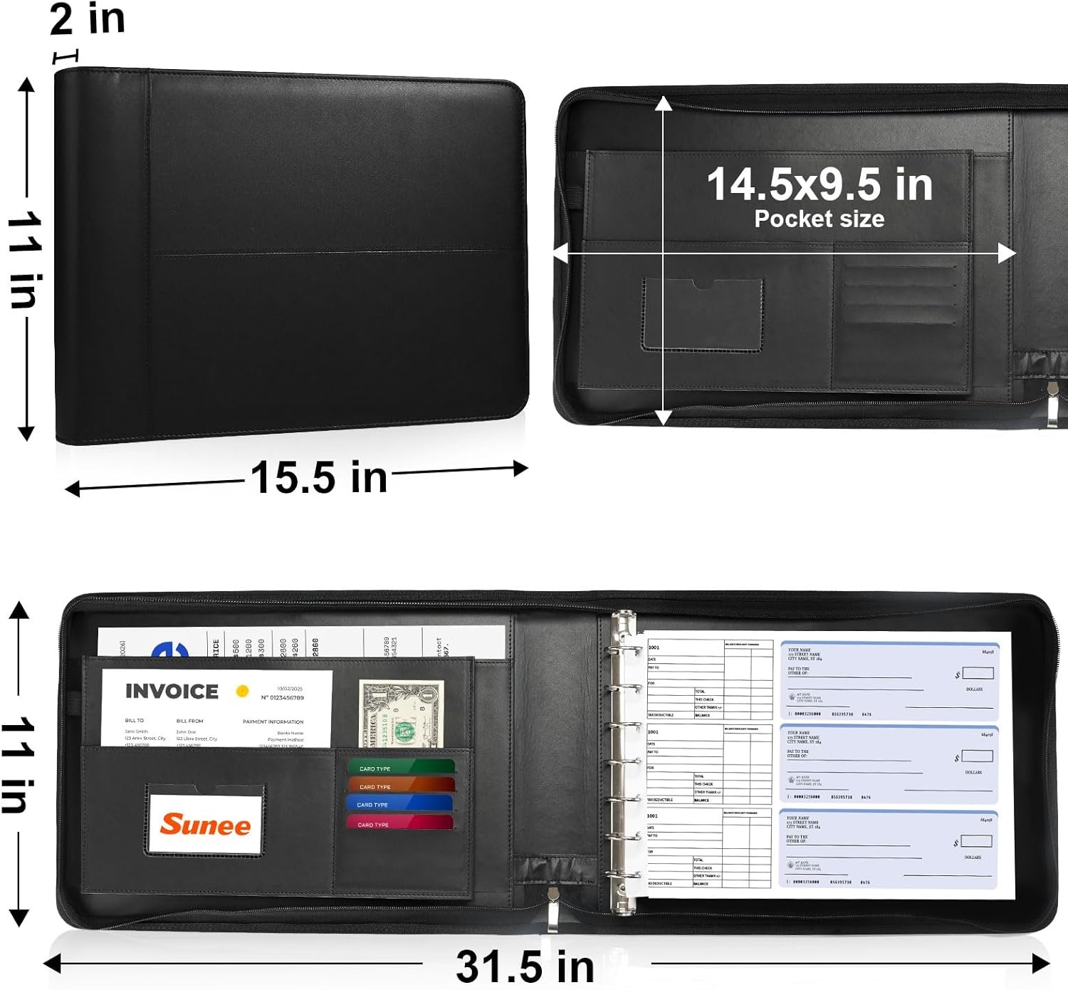 image:imageSUNEE Zippered Business Checkbook Binder 7 Ring 1 Inch with Zipper for Business Checks 9 x 13 PU Leather Check Binder Holds 600 Checks Capacity for Executive Supplies BlackBlack