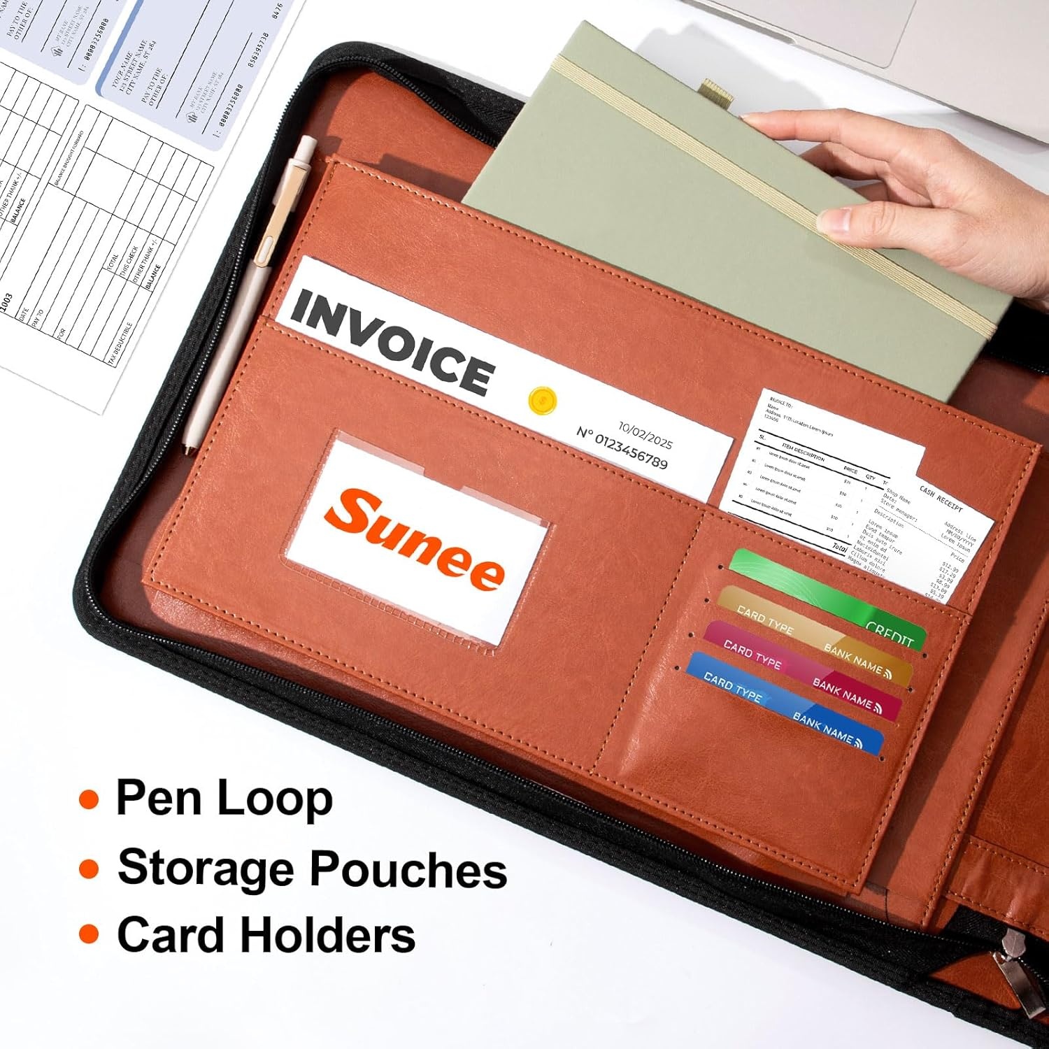 image:imageSUNEE Zippered Business Checkbook Binder 7 Ring 1 Inch with Zipper for Business Checks 9 x 13 PU Leather Check Binder Holds 600 Checks Capacity for Executive Supplies BlackBrown