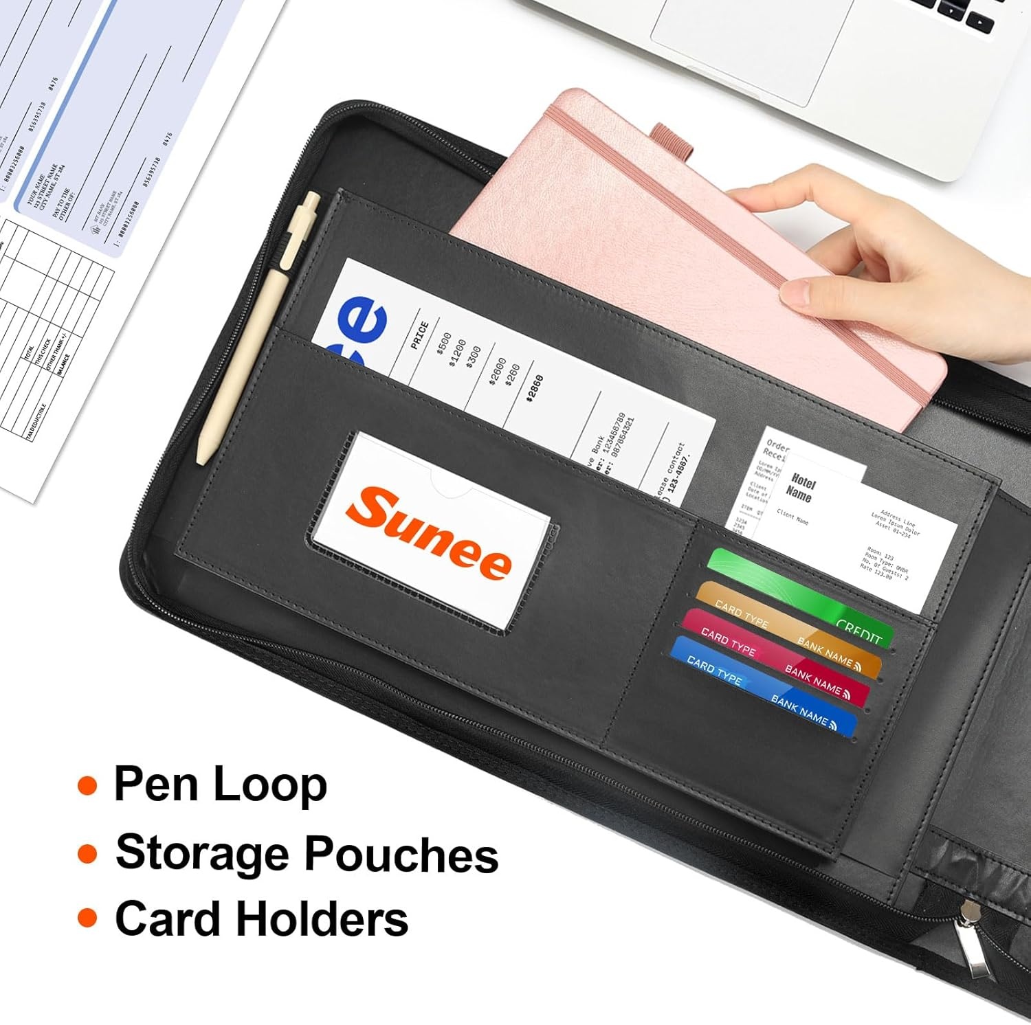 image:imageSUNEE Zippered Business Checkbook Binder 7 Ring 1 Inch with Zipper for Business Checks 9 x 13 PU Leather Check Binder Holds 600 Checks Capacity for Executive Supplies BlackBlack