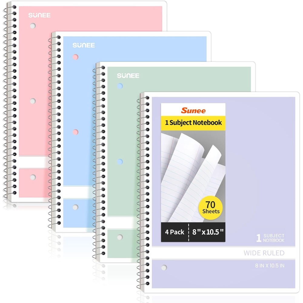 image:imageSUNEE Spiral Notebooks College Ruled 1Subject 4 Pack 8 x 1012 in 70 Sheets 3Hole Punched 70gsm Paper Pastel Pink Purple Blue Green for School Home amp Office Writing JournalPastel