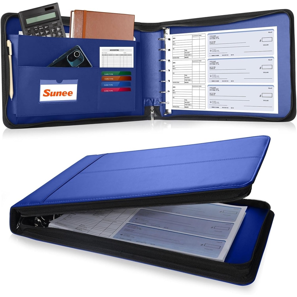 image:imageSUNEE Zippered Business Checkbook Binder 7 Ring 1 Inch with Zipper for Business Checks 9 x 13 PU Leather Check Binder Holds 600 Checks Capacity for Executive Supplies BlackBlue