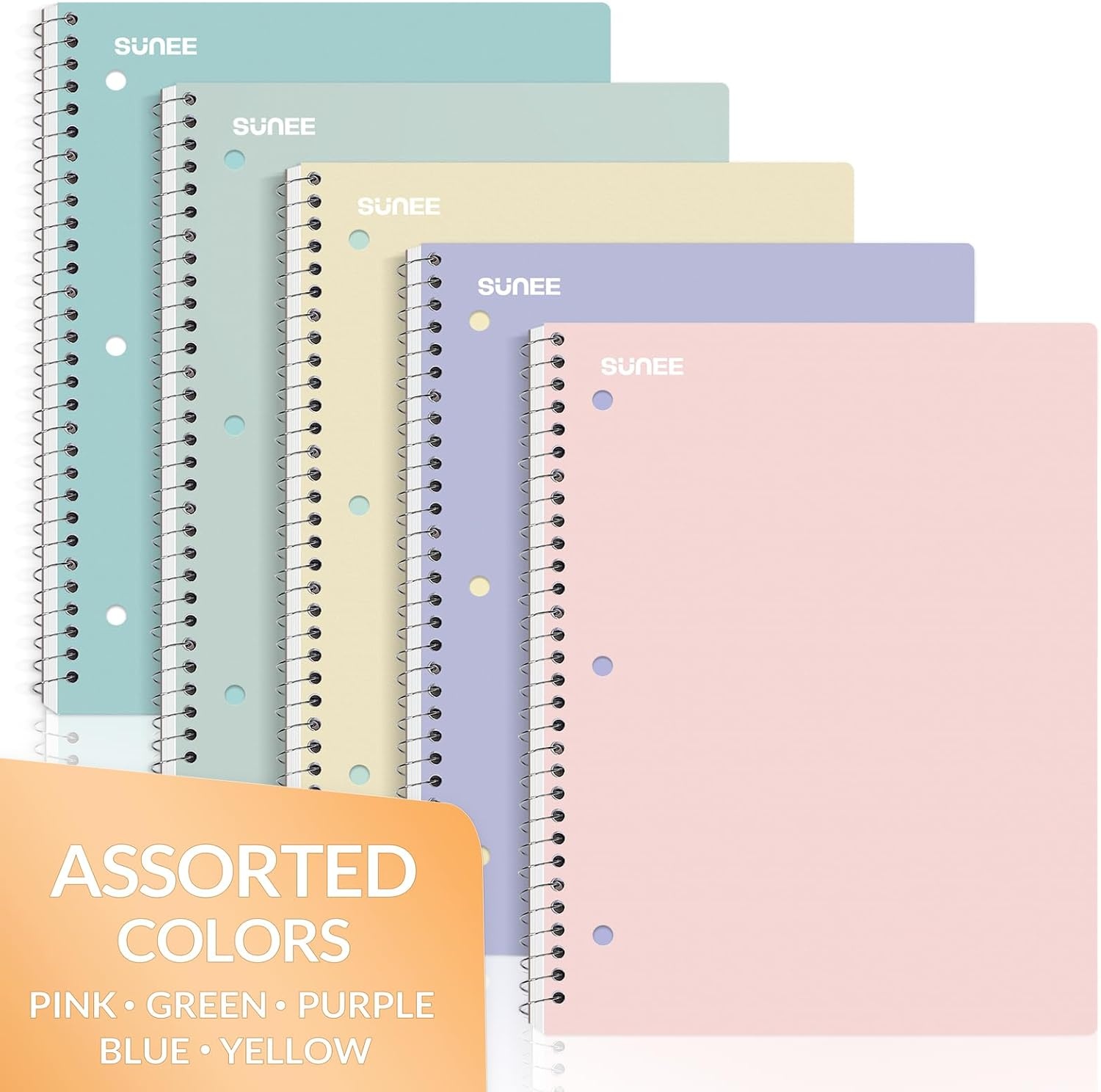 image:imageSUNEE Spiral Notebooks 1Subject 10 Pack College Ruled Paper 8 x 1012 70 Sheets per Notebook3Hole Punched Paper PinkPurple Blue Green Yellow Spiral Lined Notebooks for SchoolWorkPastel 5 Pack