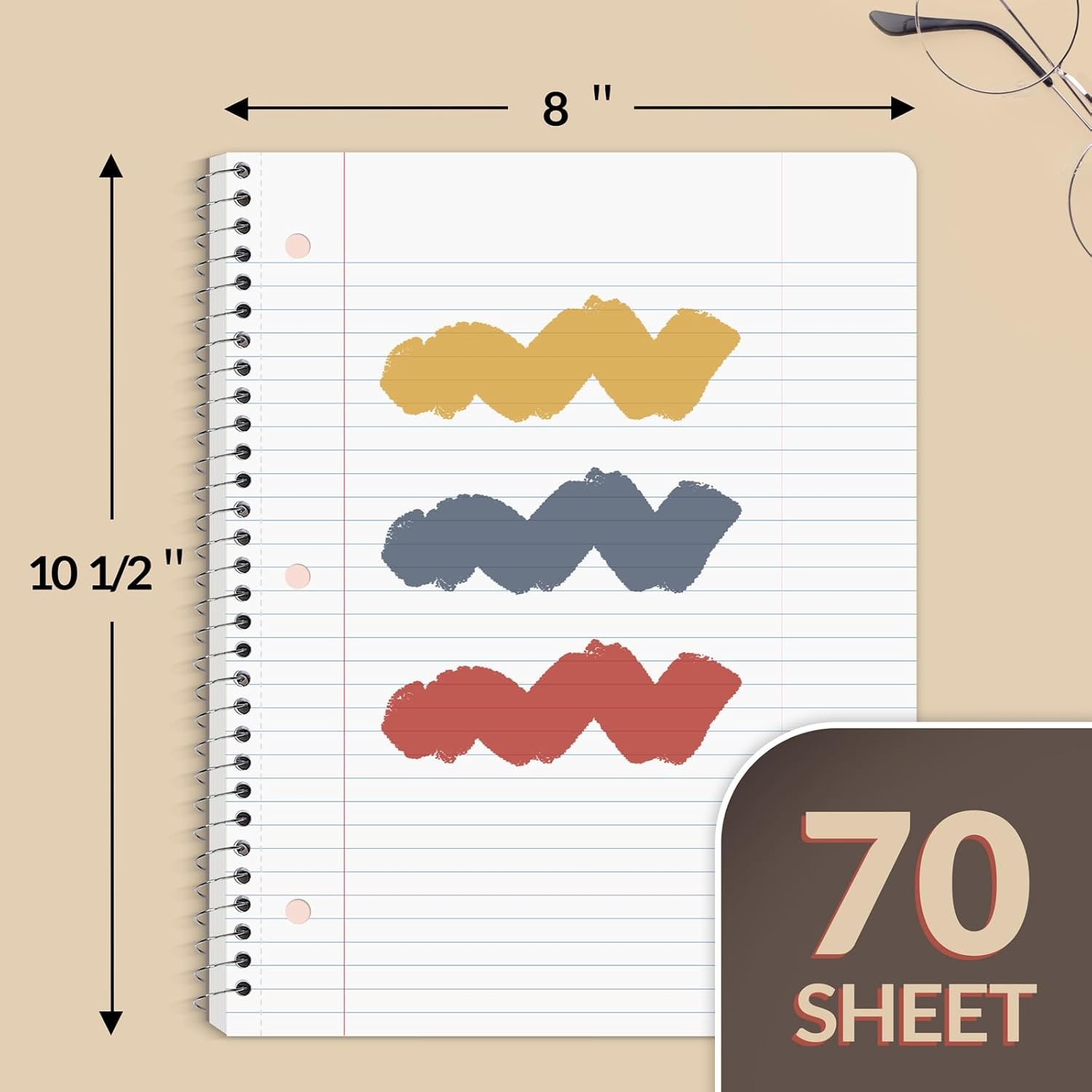 image:imageSUNEE Spiral Notebooks 3 Pack 1Subject College Ruled Paper 8 x 1012 70 Sheets per Notebook Assorted Pastel Colors Spiral Notebooks for SchoolBrick Red Blue Yellow