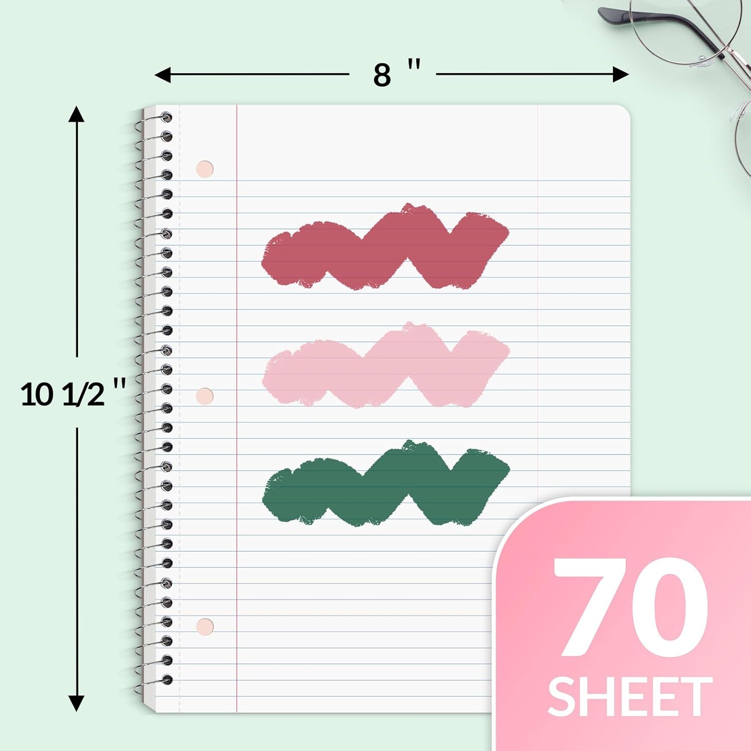 image:imageSUNEE Spiral Notebooks 3 Pack 1Subject College Ruled Paper 8 x 1012 70 Sheets per Notebook Assorted Pastel Colors Spiral Notebooks for SchoolCherry Pink Green
