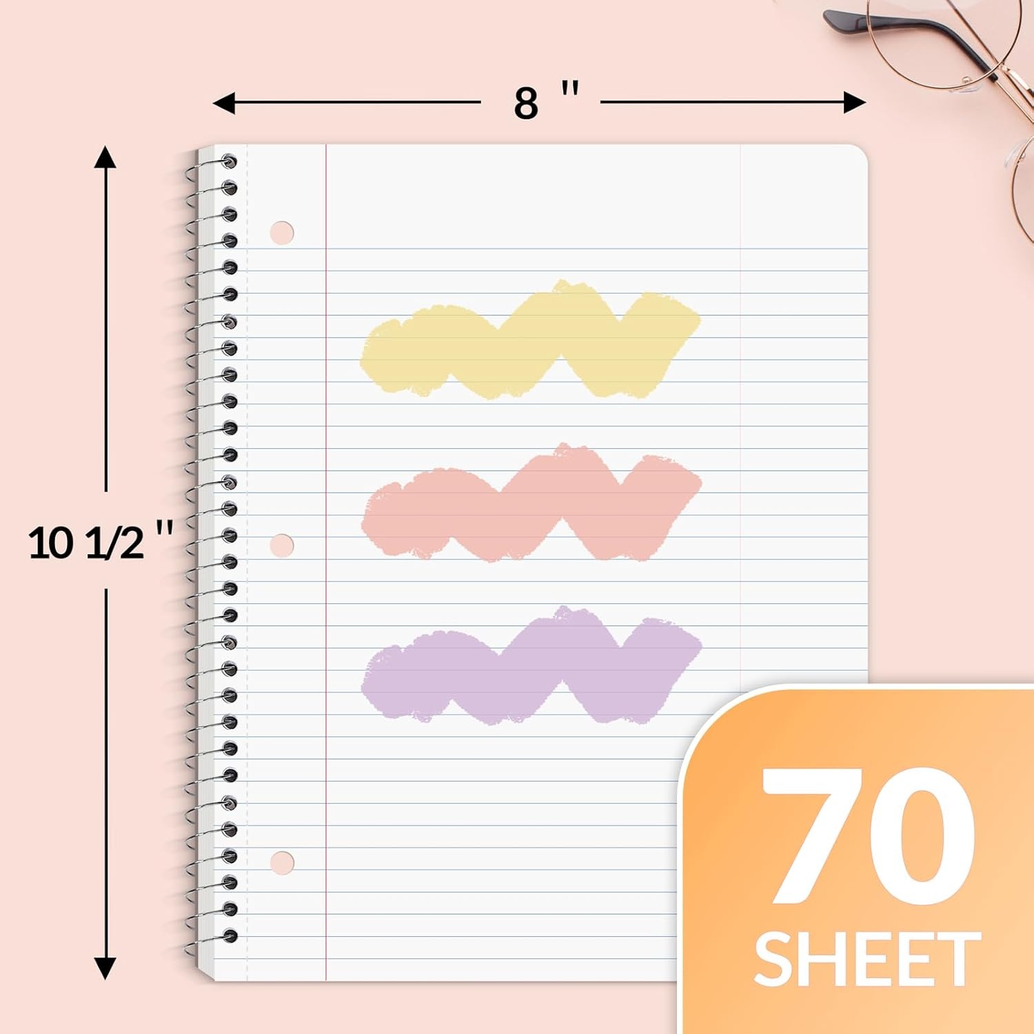 image:imageSUNEE Spiral Notebooks 3 Pack 1Subject College Ruled Paper 8 x 1012 70 Sheets per Notebook Assorted Pastel Colors Spiral Notebooks for SchoolYellow  Peach  Purple