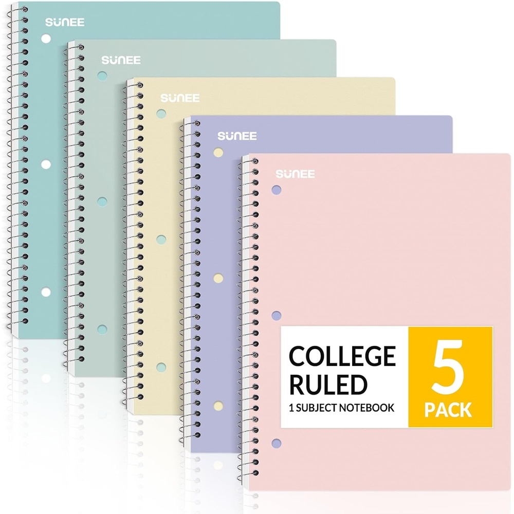 image:imageSUNEE Spiral Notebooks 1Subject 10 Pack College Ruled Paper 8 x 1012 70 Sheets per Notebook3Hole Punched Paper PinkPurple Blue Green Yellow Spiral Lined Notebooks for SchoolWorkPastel 5 Pack
