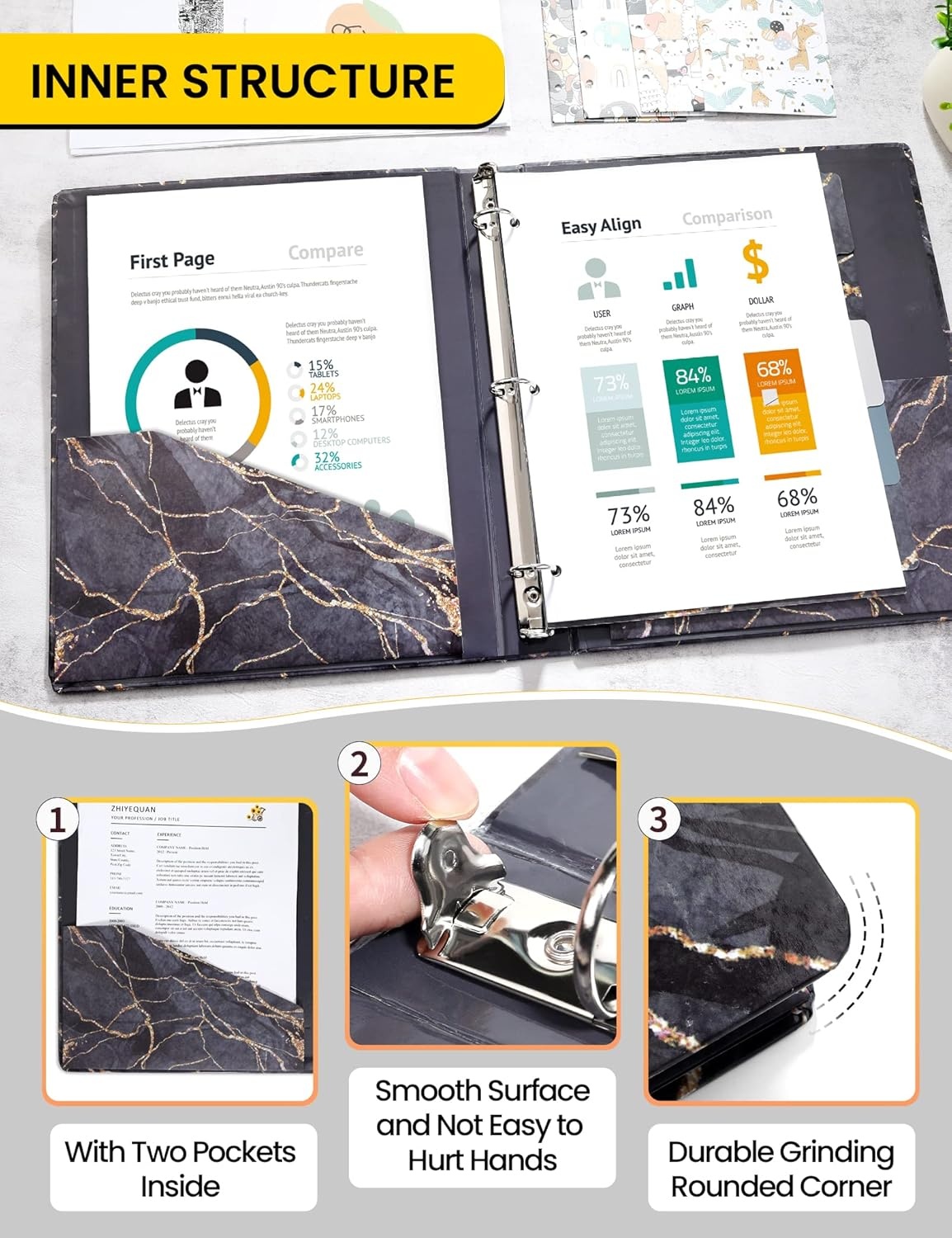 image:imageSUNEE 3 Ring Binder 1 Inch Cute Decorative Green Marble Heavy Duty Fits 85x11 Inches for School amp OfficeBlack Marble